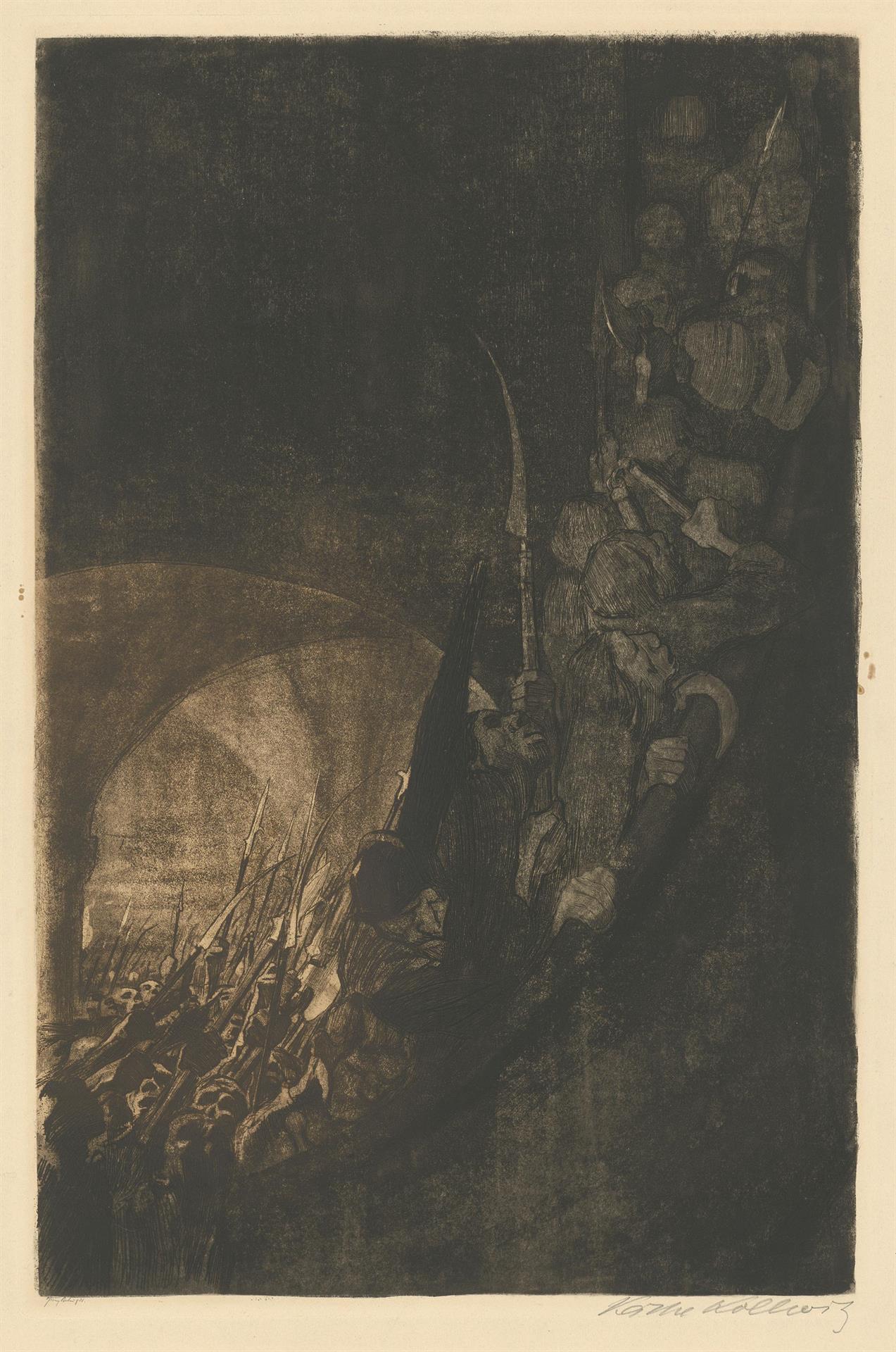 Käthe Kollwitz, Arming in a Vault, sheet 4 of the cycle »Peasants War«, 1906, bicolour etching with line etching, drypoint, aquatint and soft ground with imprint of Ziegler's transfer paper, Kn 96 VI, Cologne Kollwitz Collection © Käthe Kollwitz Museum Köln