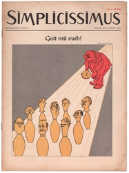 Die erste Ausgabe des neuen SIMPLICISSMUS, Jg. 1954, Nr. 1, 9. Oktober 1954, Titelgrafik »Gott mit euch!« von H.M.-Brockmann