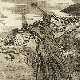 Käthe Kollwitz, Charge (Losbruch), sheet 5 of the cycle Peasant War, 1902-1903, line etching, drypoint, reservage, and soft ground with imprint of two fabrics and Ziegler’s transfer paper, 515 x 592 mm (plate), Kn 70 VII, Inv. 70300/94007