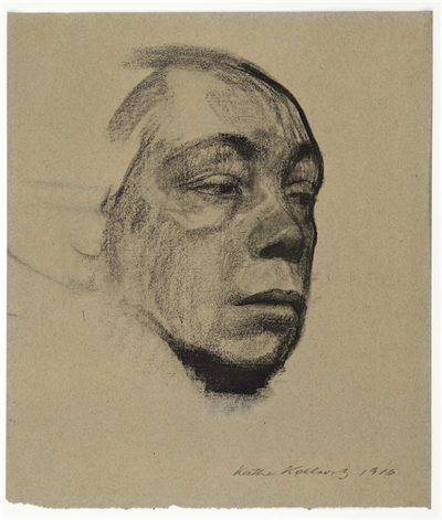 Selbstbildnis, Blatt 1 der „Richter-Mappe“, Lichtdruck von 1920, Kollwitz Museum Köln, Original: Kohle, 1916, Standort: Albertina, Wien 