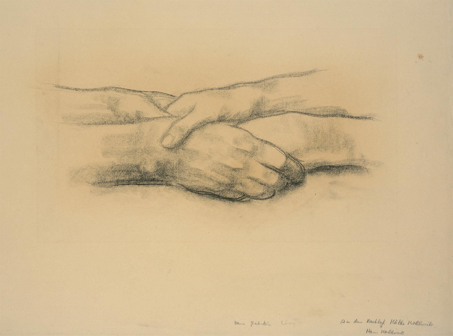 Käthe Kollwitz, Einander ergreifende Hände, 1938, Schwarze Kreide auf braunem Ingres-Papier, NT 1269, Kupferstichkabinett Berlin 