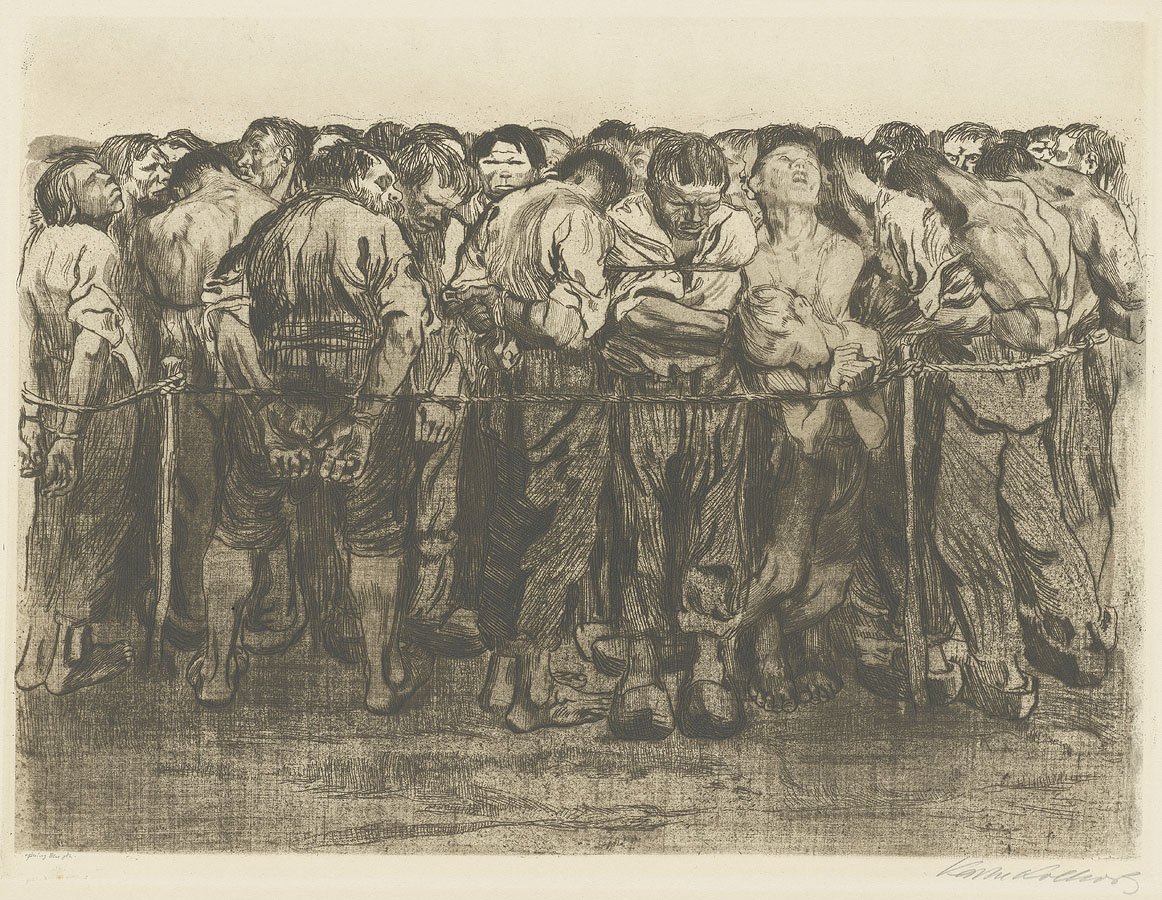 Käthe Kollwitz, The Prisoners, folio 7 from the cycle »Peasants War«, 1908, line etching, drypoint, emery, vernis mou with screen printing of cloth and Ziegler transfer paper, Kn 102 IX a, Cologne Kollwitz Collection © Käthe Kollwitz Museum Köln