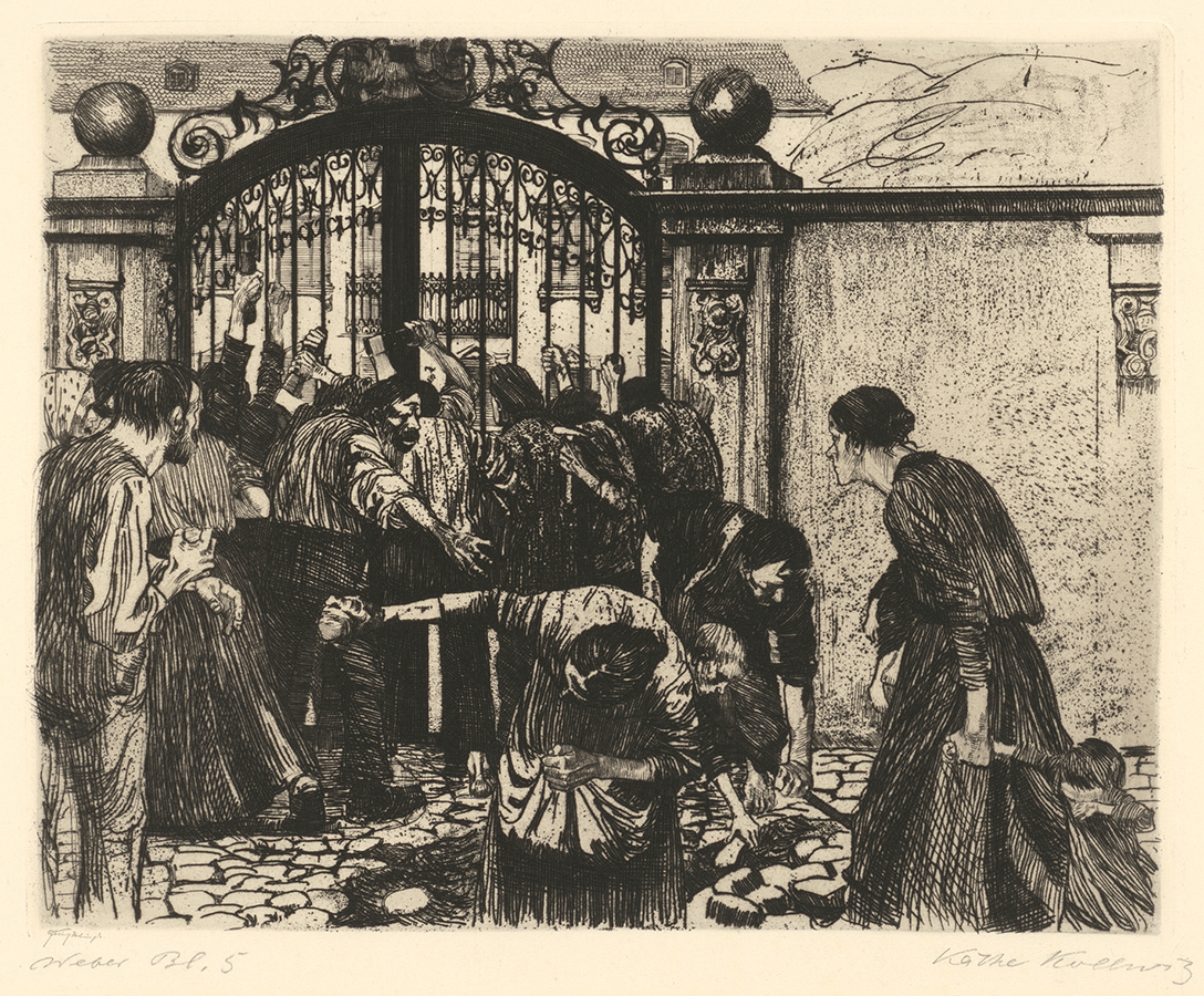Käthe Kollwitz, Storming the Gate, folio 5 from the cycle »A Weavers’ Revolt« (1893-1897), line etching and emery, Kn 37, Cologne Kollwitz Collection © Käthe Kollwitz Museum Köln