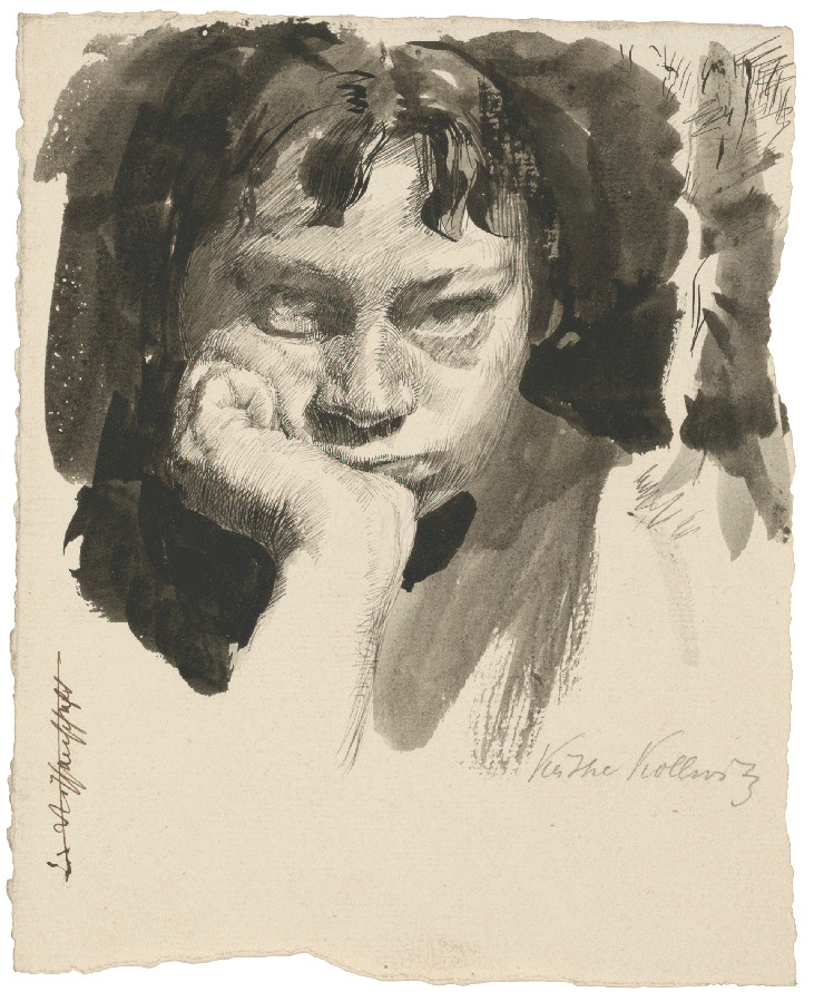 Käthe Kollwitz, Autoportrait la tête appuyée, 1889-91, plume, pinceau et encre brune noire sur papier vergé, NT 25, Collection Kollwitz de Cologne © Käthe Kollwitz Museum Köln