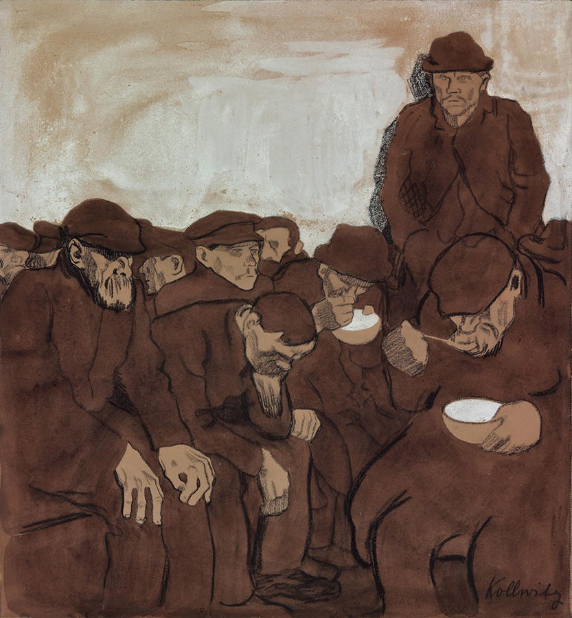 Käthe Kollwitz, Warm Shelter, 1908/09, black chalk, pen and brush in ink and sepia on olive-green paper, background with highlights in white, NT (469a), Cologne Kollwitz Collection © Käthe Kollwitz Museum Köln