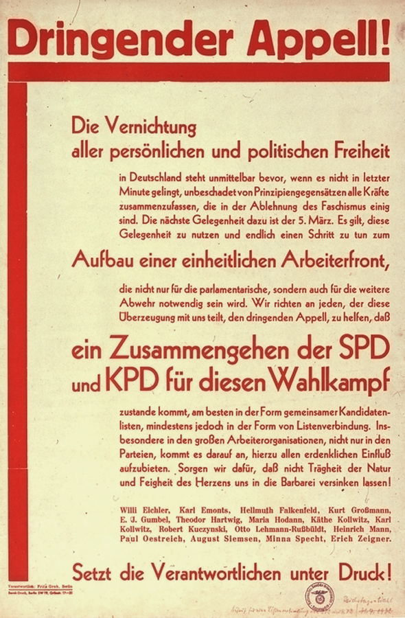 Plakat ›Dringender Appell‹, 1933 © bpk, Berlin 
