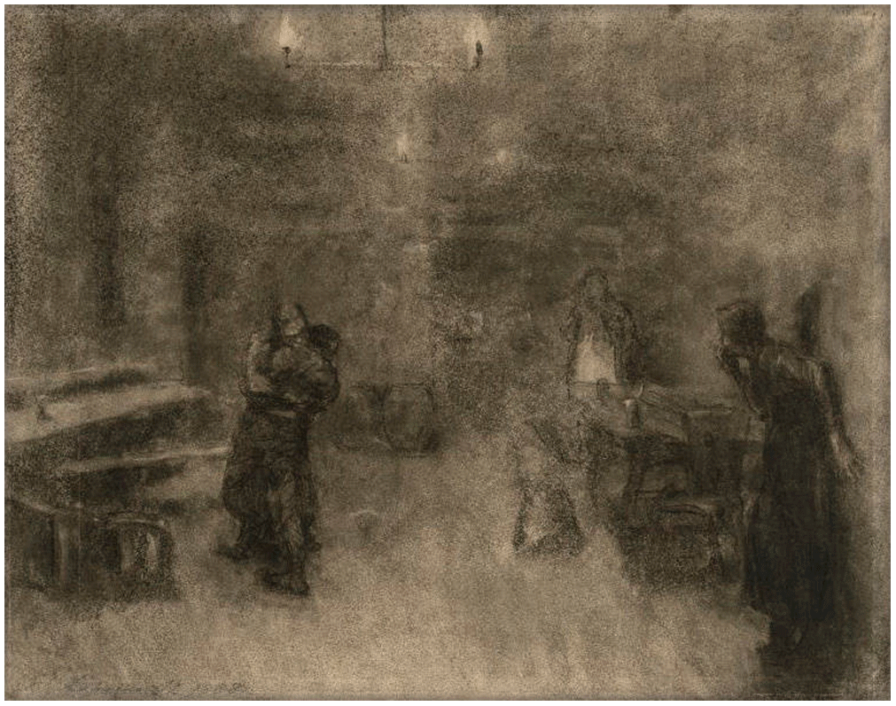 Käthe Kollwitz, Two Men Fighting in a Tavern, charcoal and brown chalk, stumped, pen and sepia on manila paper, 1888, Print Room, Dresden, NT 9 