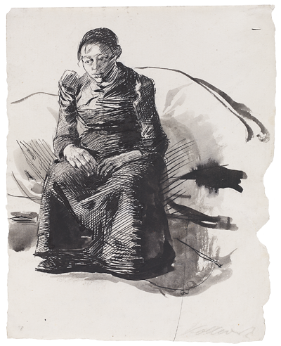 Käthe Kollwitz, Autoportrait en pied, assise, 1893, plume et encre noire, lavis, NT 87, Kölner Kollwitz-Sammlung © Käthe Kollwitz Museum Köln