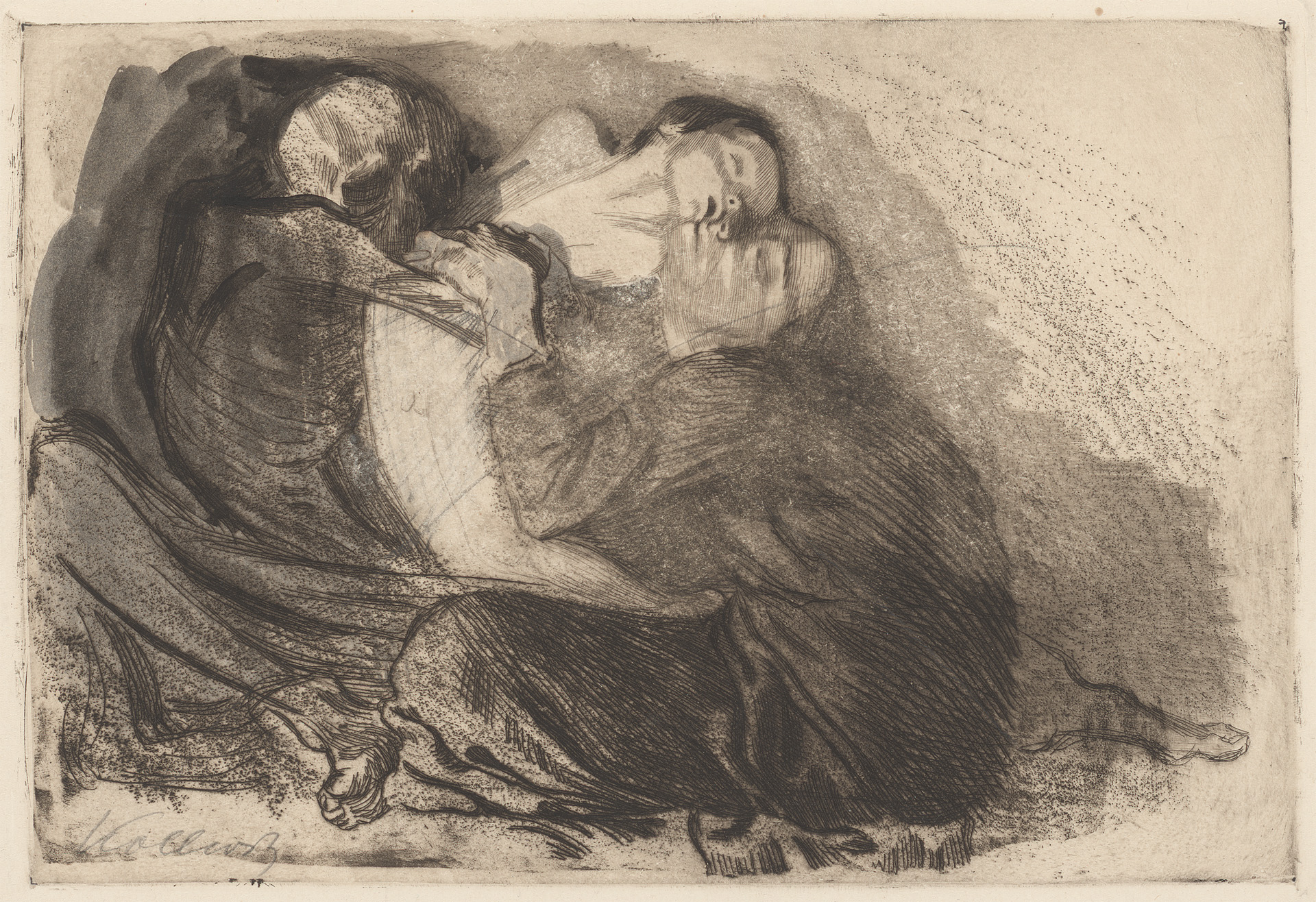 Käthe Kollwitz, Tod einer Mutter das kranke Kind entreißend, verworfene Arbeit, 1911, Strichätzung, Kaltnadel und Schmirgel, Kn 119 II