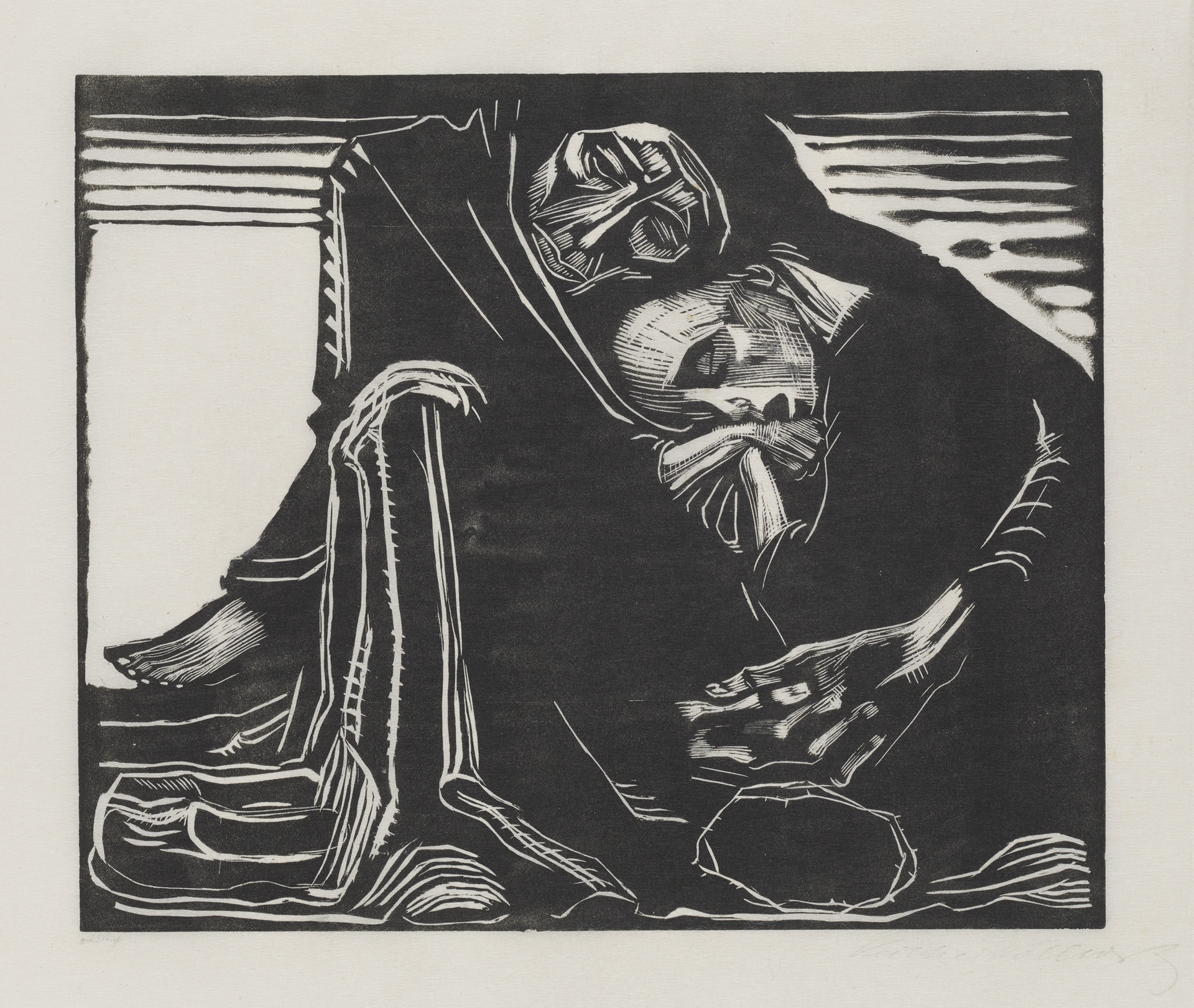 Käthe Kollwitz, La mort avec une femme sur les genoux, 1920/1921, gravure sur bois, Kn 165 VII a, Collection Kollwitz de Cologne © Käthe Kollwitz Museum Köln