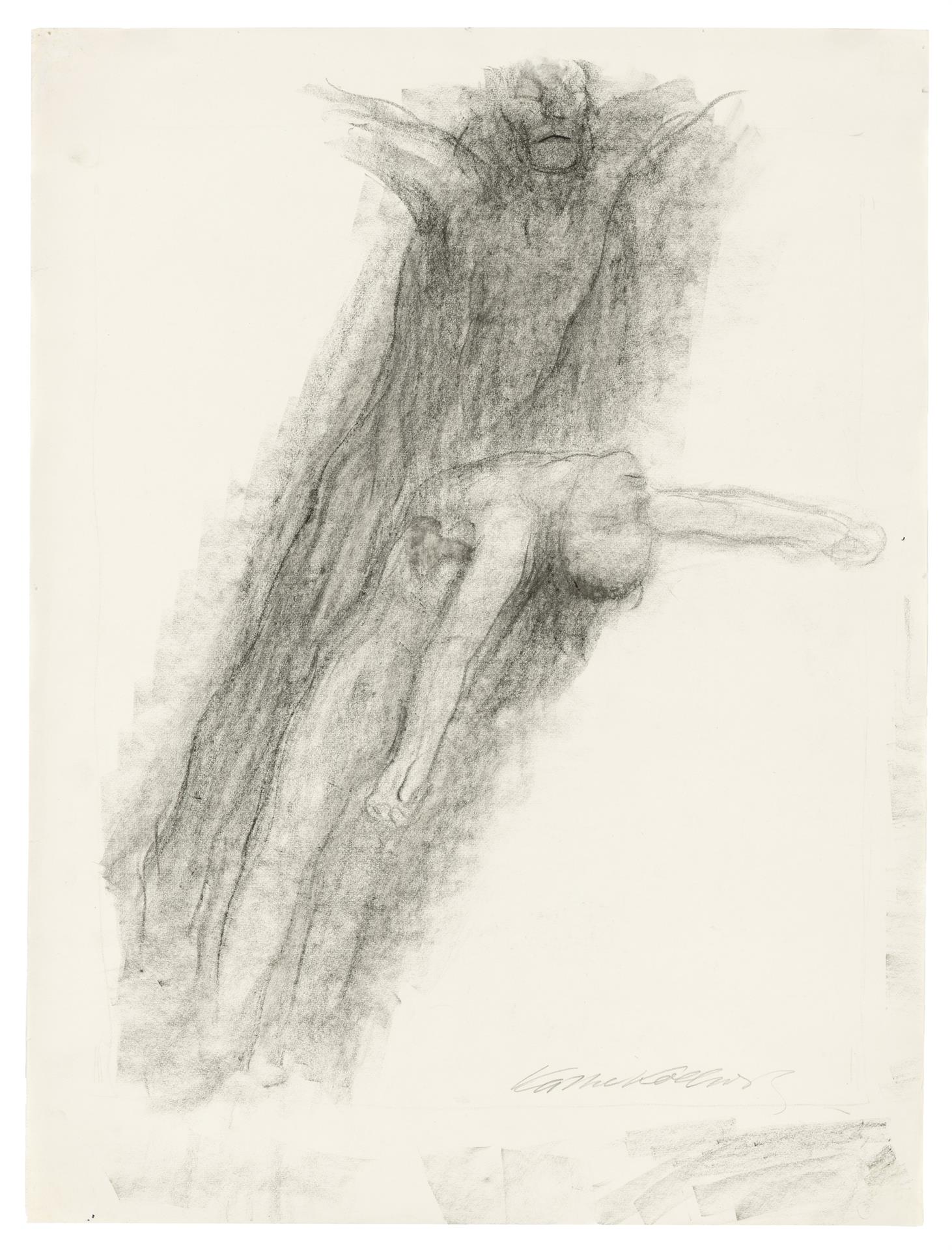 Käthe Kollwitz, Death and young Man, gliding upwards, c. 1922/1923, black crayon, blotted, on drawing paper, NT 963, Cologne Kollwitz Collection © Käthe Kollwitz Museum Köln
