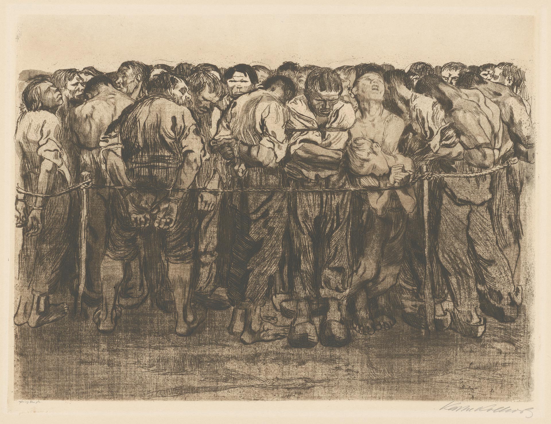 Käthe Kollwitz, The Prisoners, sheet 7 of the cycle »Peasants War«, 1908, line etching, drypoint, sandpaper and soft ground with imprint of fabric and Ziegler's transfer paper, Kn 102 IX a, Cologne Kollwitz Collection © Käthe Kollwitz Museum Köln