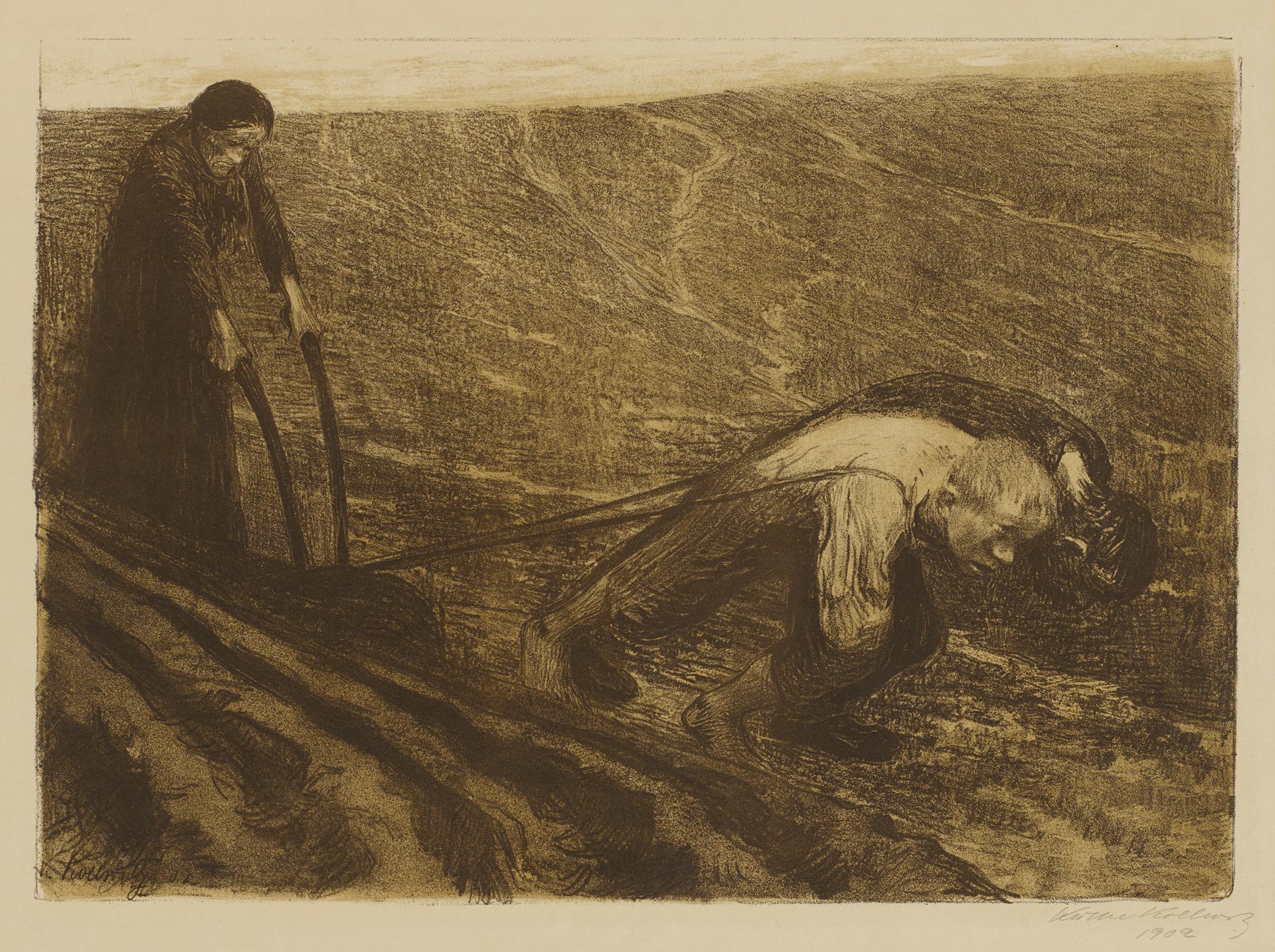 Käthe Kollwitz, Ploughmen and Woman, rejected second version of the first sheet for the »Peasants War« cycle, before June 1902, crayon and brush lithograph in two colors, with spray and scratch techniques on the drawing stone, on Similijapan paper, Kn 64 II b, Cologne Kollwitz Collection © Käthe Kollwitz Museum Köln