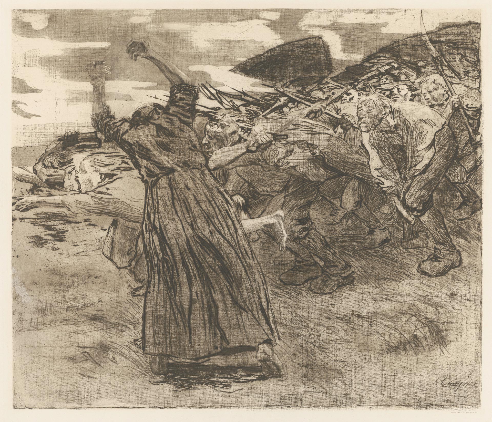 Käthe Kollwitz, Charge, sheet 5 of the cycle »Peasants War«, 1902/1903, line etching, drypoint, reservage and soft ground with imprint of two fabrics and Ziegler's transfer paper, Kn 70 VIII b, Cologne Kollwitz Collection © Käthe Kollwitz Museum Köln