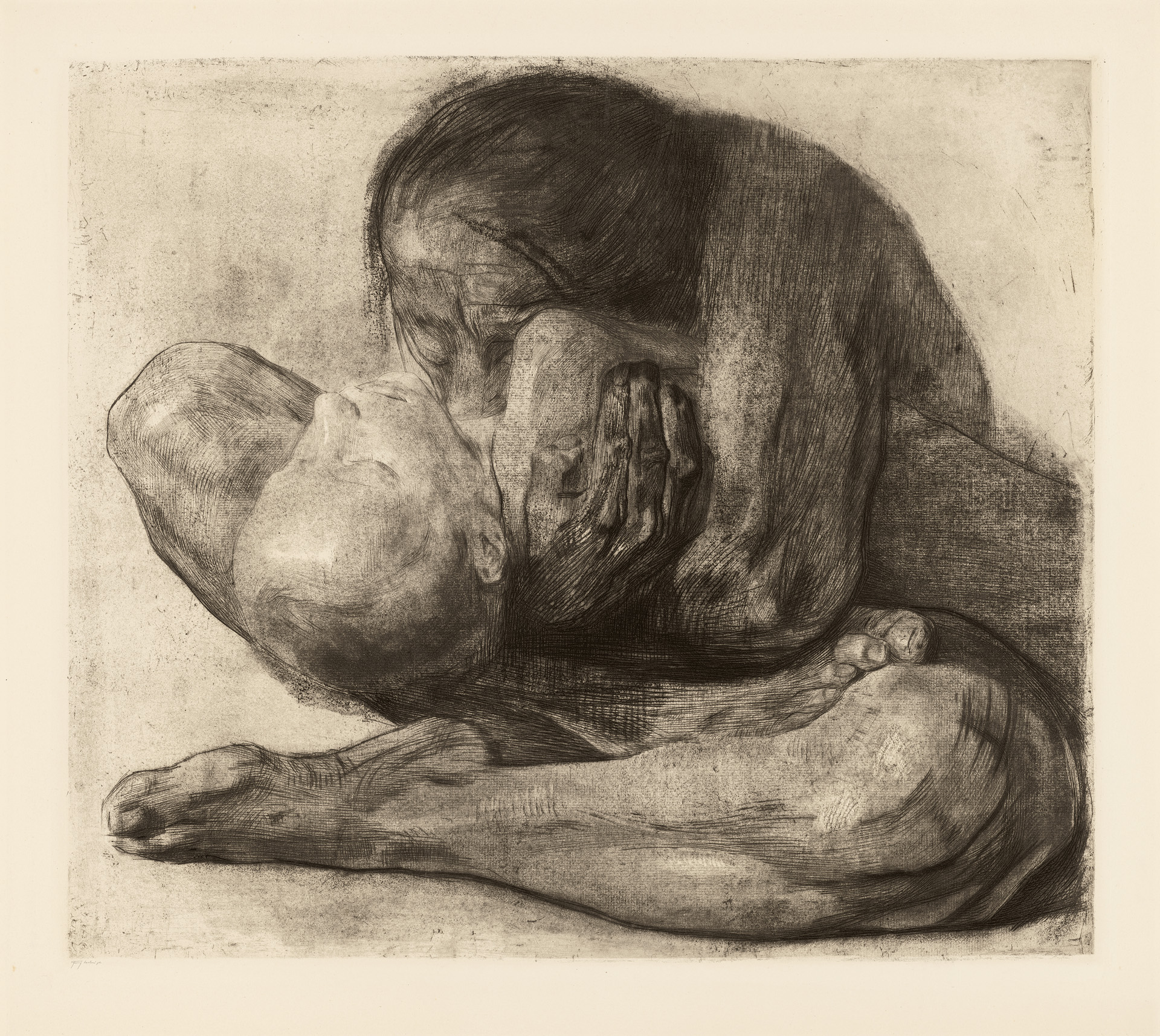 Käthe Kollwitz, Woman with dead Child, 1903, line etching, drypoint, sandpaper and soft ground with imprint of ribbed laid paper and Ziegler's transfer paper, Kn 81 VIII a, Cologne Kollwitz Collection © Käthe Kollwitz Museum Köln