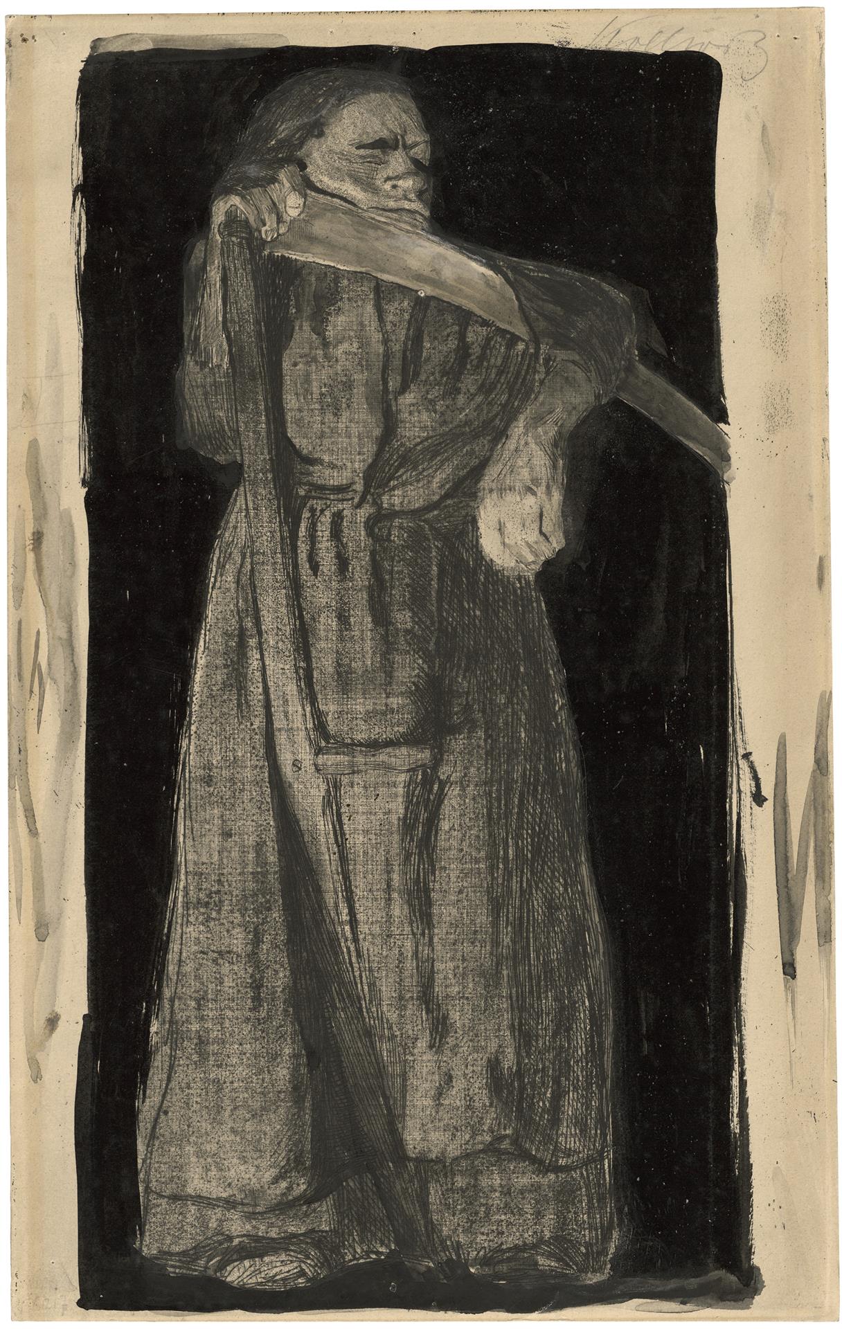 Käthe Kollwitz, Woman with Scythe, rejected second version of the third sheet for the »Peasants War« cycle, 1905, etching and drypoint, sandpaper and soft ground with imprint of fabric, reworked with brush, pen and black ink, Kn 87 I, Cologne Kollwitz Collection © Käthe Kollwitz Museum Köln
