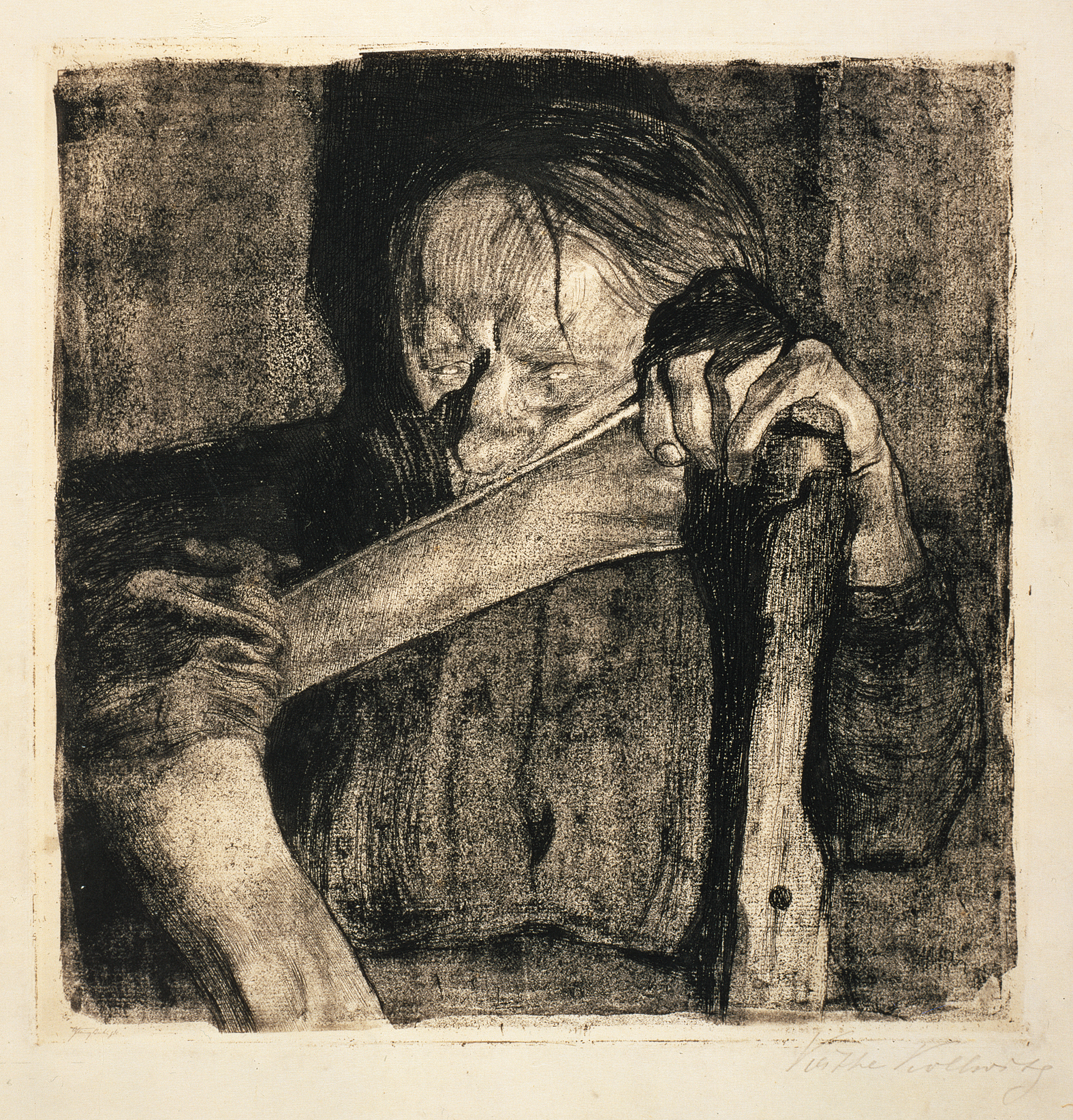 Käthe Kollwitz, Sharpening the Scythe, fifth proof of sheet 3 for the »Peasants War« cycle, 1905, line etching, drypoint, sandpaper, aquatint, needle lines and soft ground with imprint of laid paper and Ziegler's transfer paper, Kn 88 V, Cologne Kollwitz Collection © Käthe Kollwitz Museum Köln