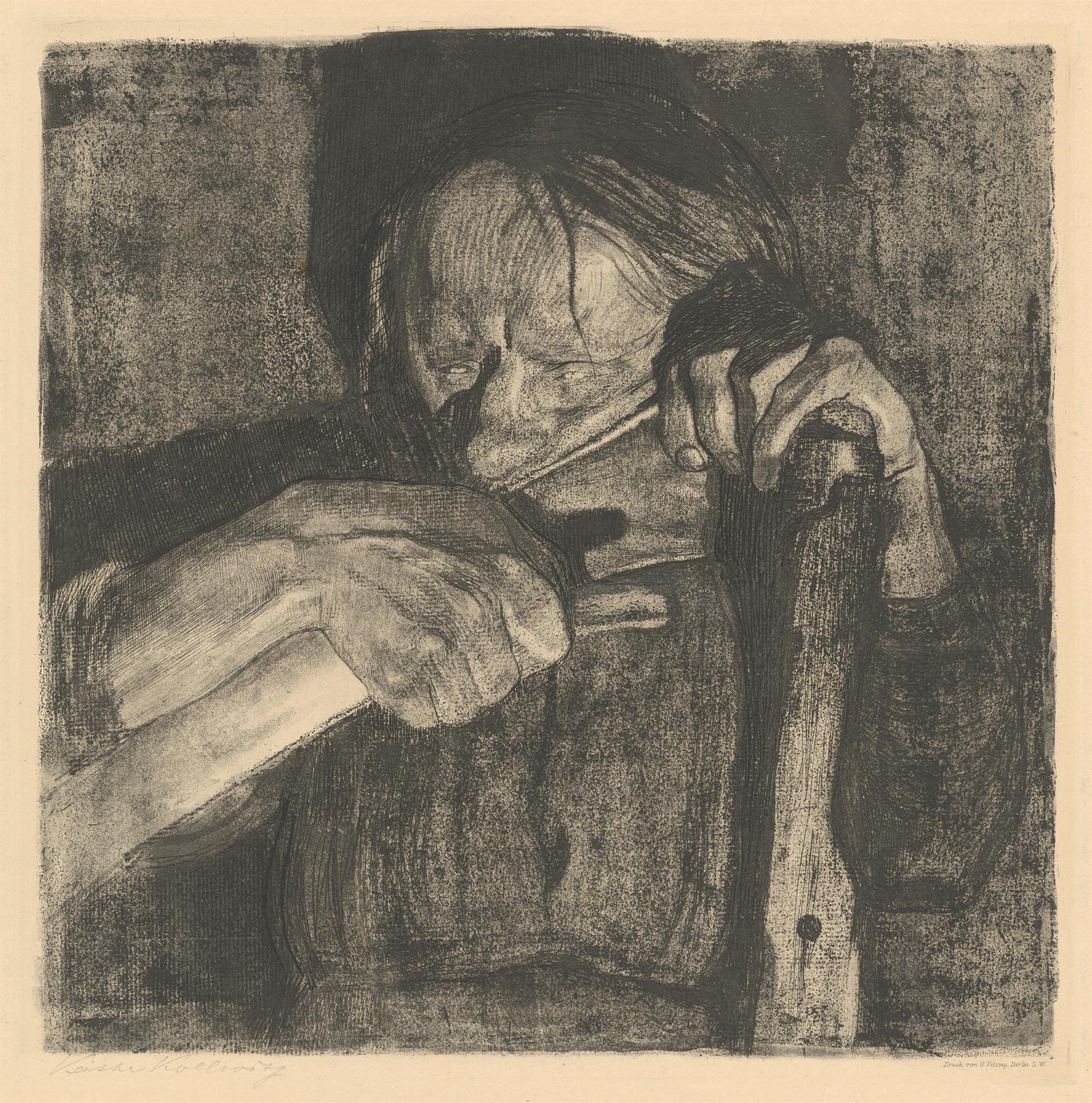 Käthe Kollwitz, Sharpening the Scythe, sheet 3 of the cycle »Peasants War«, 1908, line etching, drypoint, sandpaper, aquatint and soft ground with imprint of laid paper and Ziegler's transfer paper, Kn 88 X b