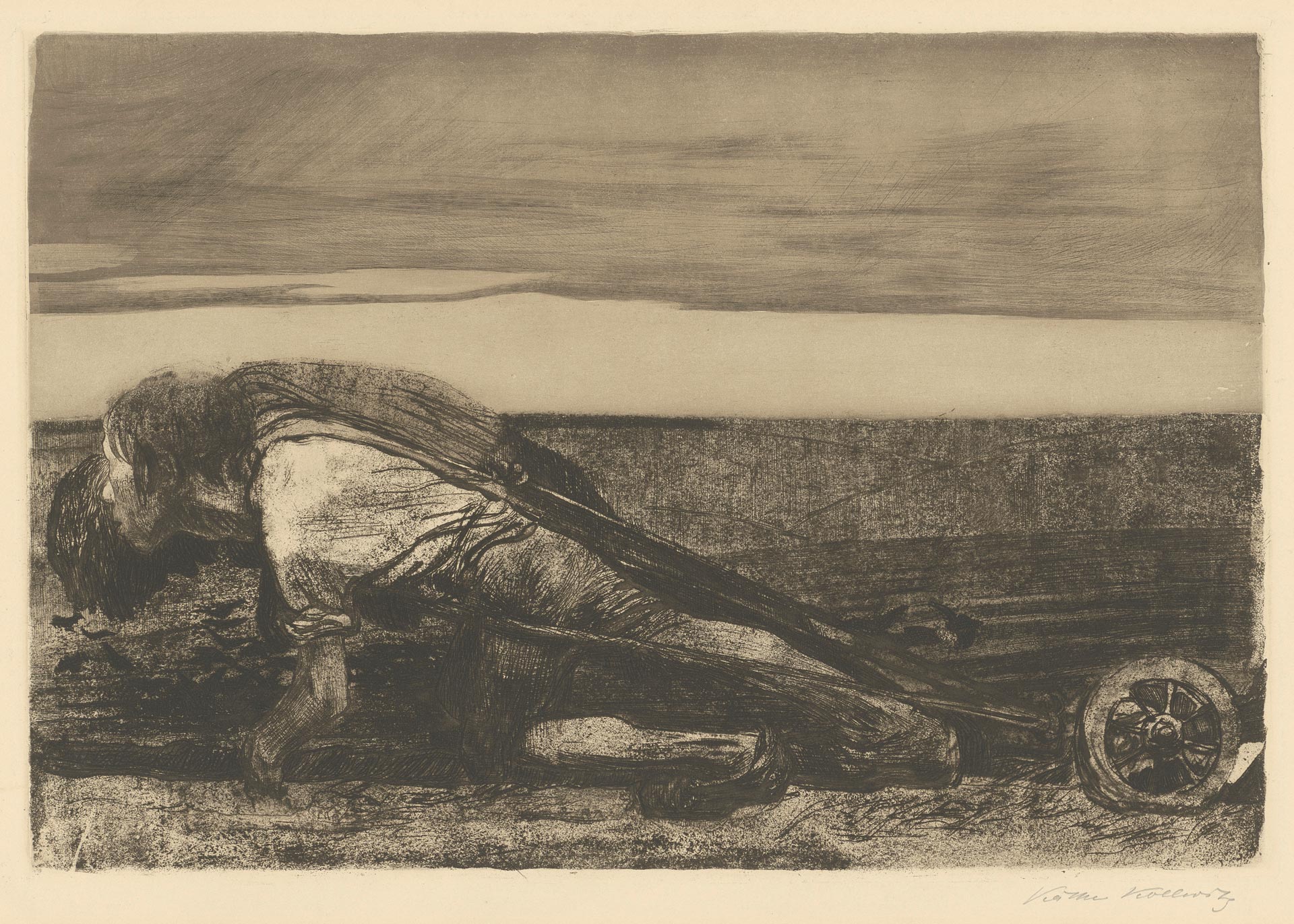 Käthe Kollwitz, The Ploughmen, sheet 1 of the cycle »Peasants War«, 1907, line etching, drypoint, aquatint, reservage, sandpaper, needle bundle and soft ground with imprint of Ziegler transfer paper, Kn 99 VIII b, Cologne Kollwitz Collection © Käthe Kollwitz Museum Köln