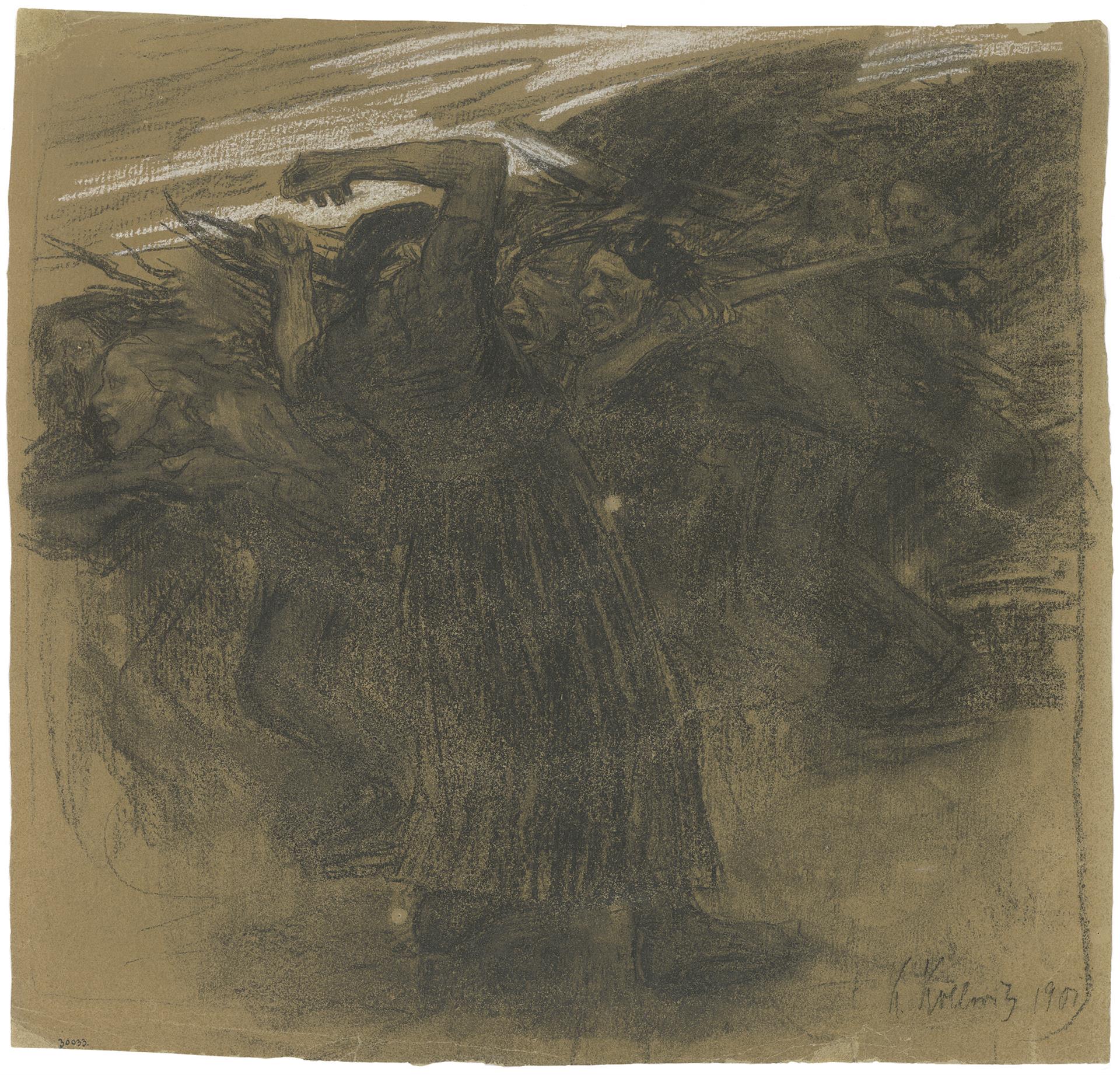 Käthe Kollwitz, Losbruch, 1901, schwarze Kreide, weiß gehöht, NT 187