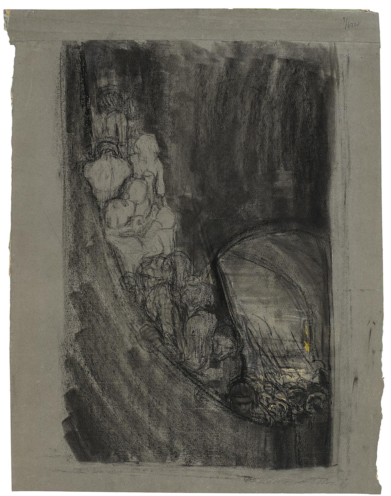 Käthe Kollwitz, Bewaffnung in einem Gewölbe, um 1906, Kohle, gewischt, und gelbe Kreide auf dunklem, graugrünem Ingres-Bütten, NT 216