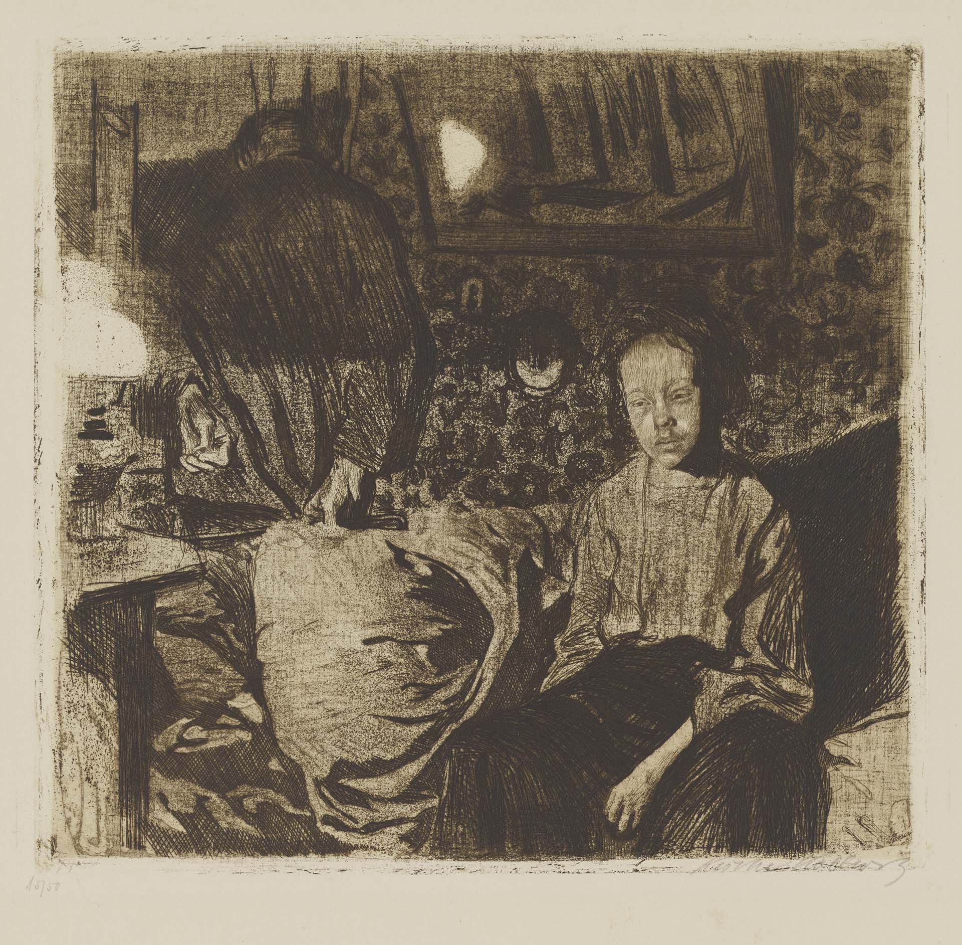 Käthe Kollwitz, Jeune couple, 1904 ?, eau-forte, émeri, réserve au sucre et vernis mou avec impression de textile, Kn 83 III c