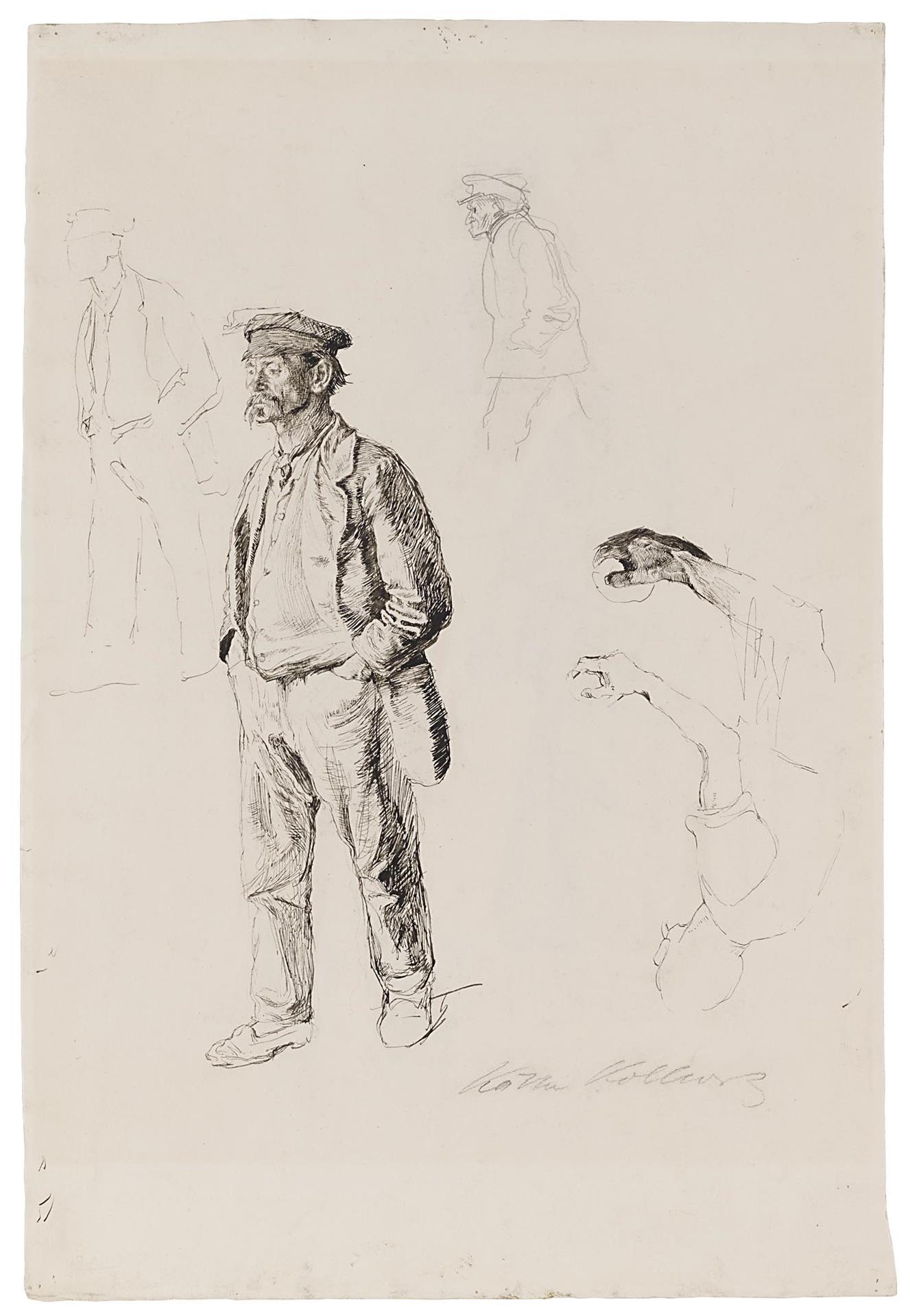 Käthe Kollwitz, Étude d’homme debout en pied, 1896, plume et encre noire et mine de plomb sur vélin fort, NT 128