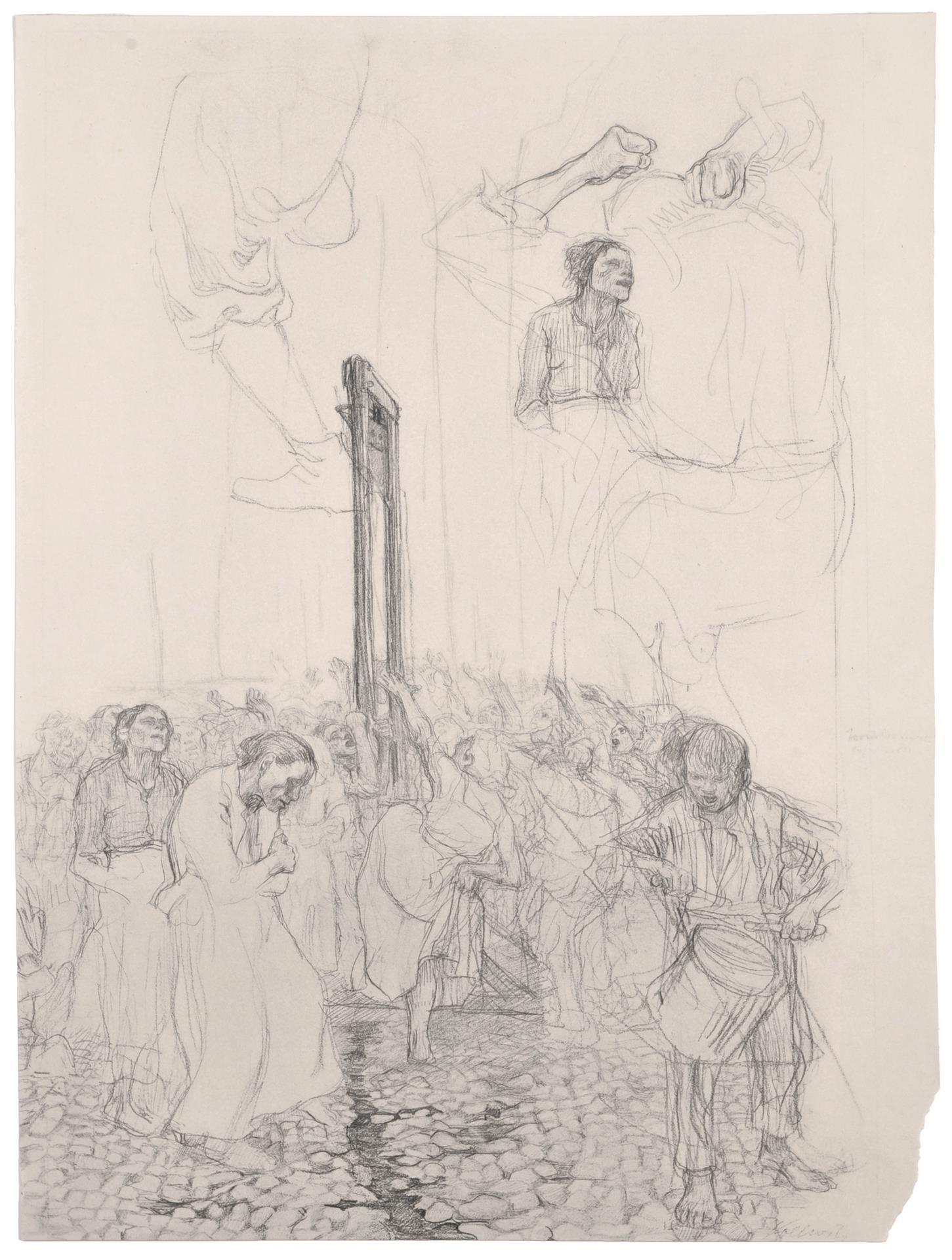 Käthe Kollwitz, Danse autour de la guillotine, planche 9 du Richter-Mappe, facsimilé du dessin NT 179, 1901, mine de plomb, collection privée, Berlin