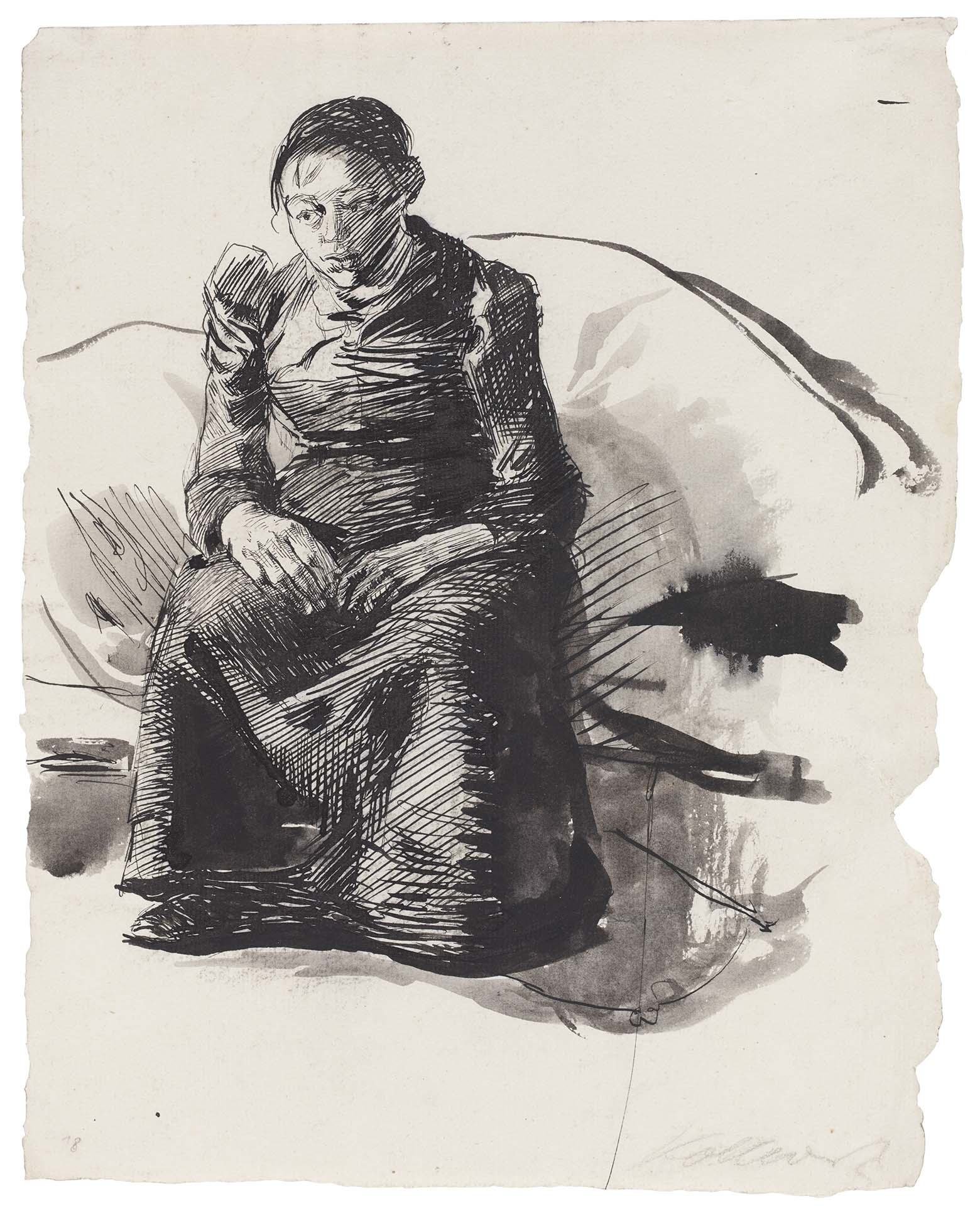 Käthe Kollwitz, Selbstbildnis in ganzer Figur, sitzend, 1893,Tuschfeder, laviert, NT 87 