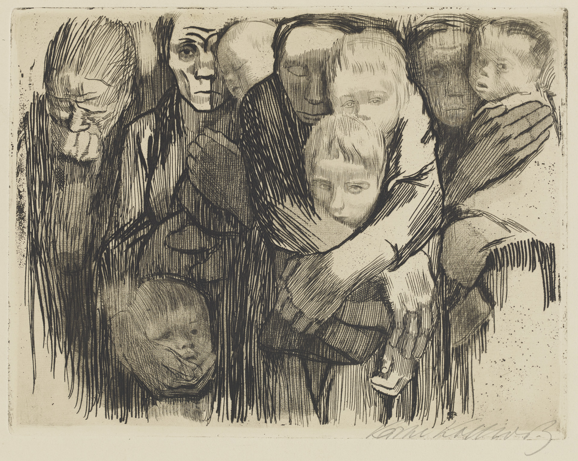 Käthe Kollwitz, Mothers, rejected first version of sheet 6 in the series »War«, 1918, line etching, sandpaper and soft ground with imprint of laid paper and bundle of needles, Kn 137 II, Cologne Kollwitz Collection © Käthe Kollwitz Museum Köln