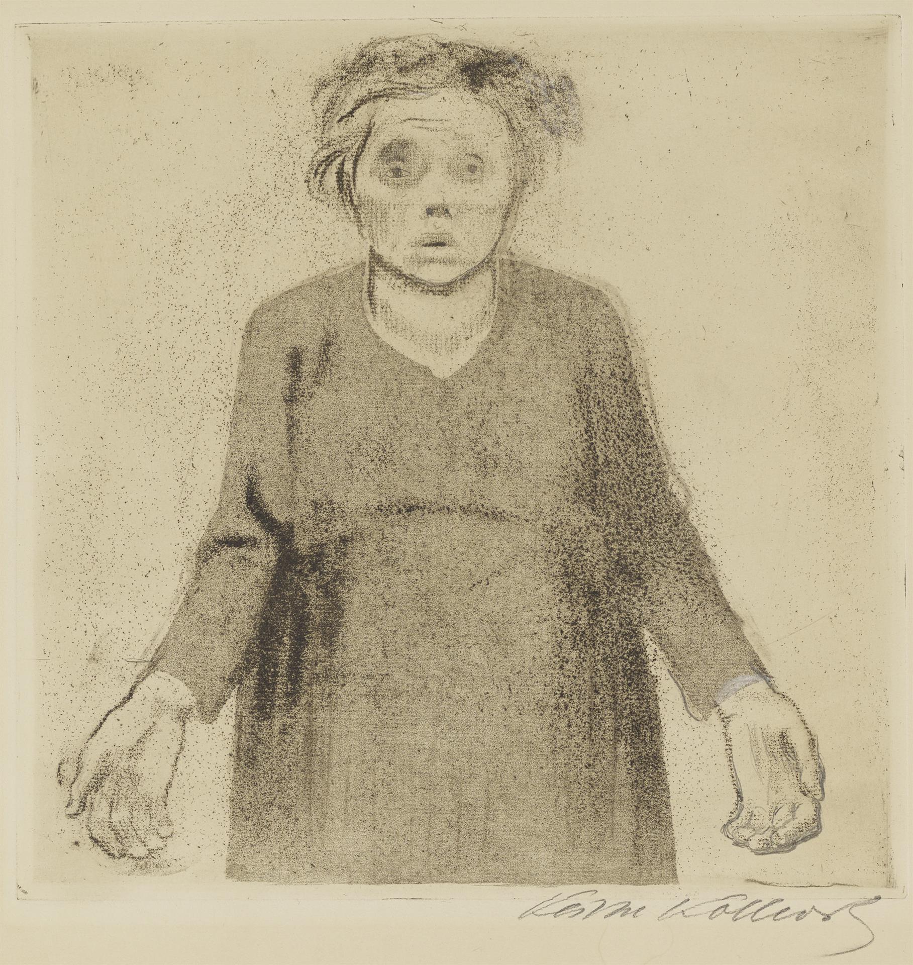 Käthe Kollwitz, The Widow, rejected first version of sheet 4 in the series »War«, 1918, line etching, sandpaper and soft ground with imprint of ribbed laid paper, Kn 138 I, Cologne Kollwitz Collection © Käthe Kollwitz Museum Köln