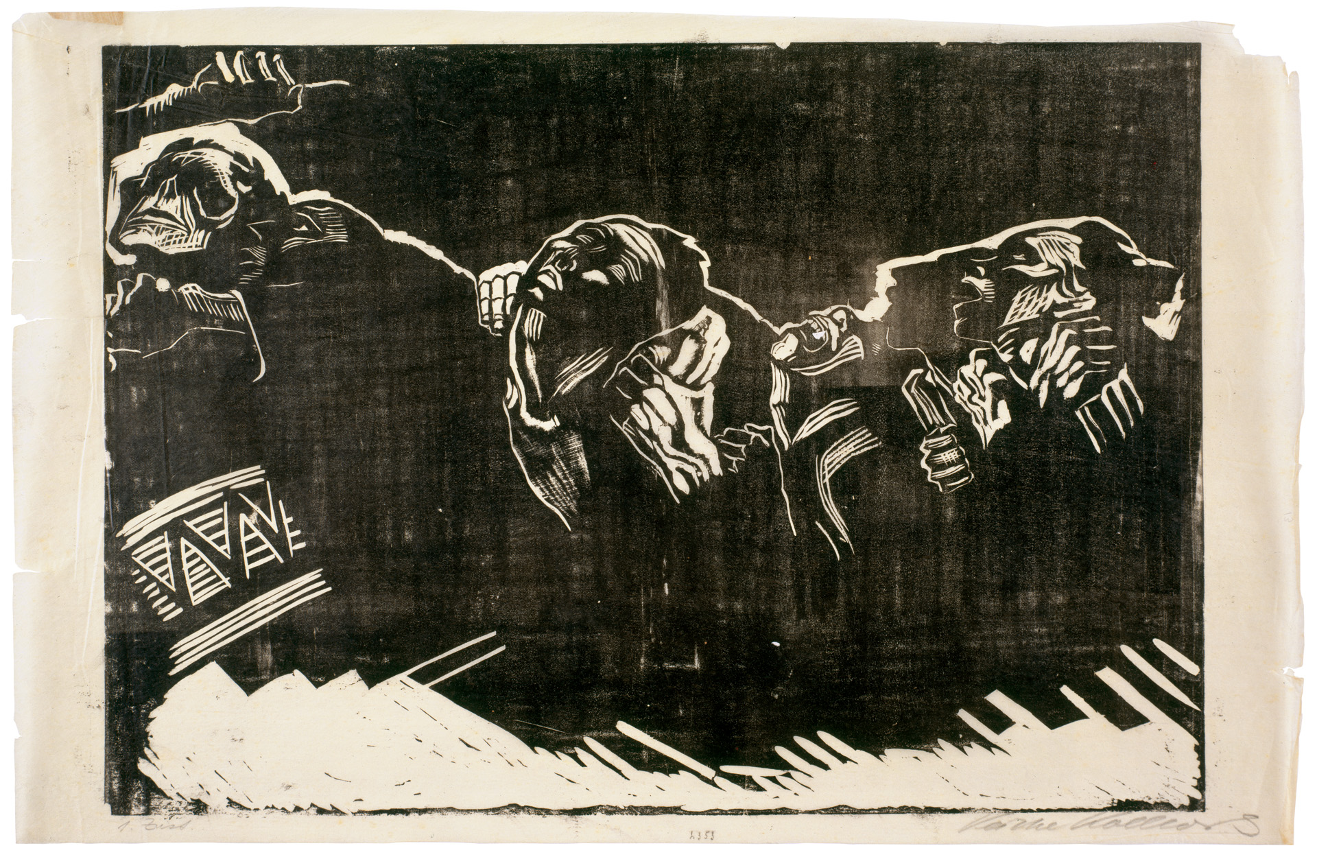 Käthe Kollwitz, Les Volontaires, planche 2 de la série »Guerre«, 1921/22, gravure sur bois, Kn 173 I, Collection Kollwitz de Cologne © Käthe Kollwitz Museum Köln