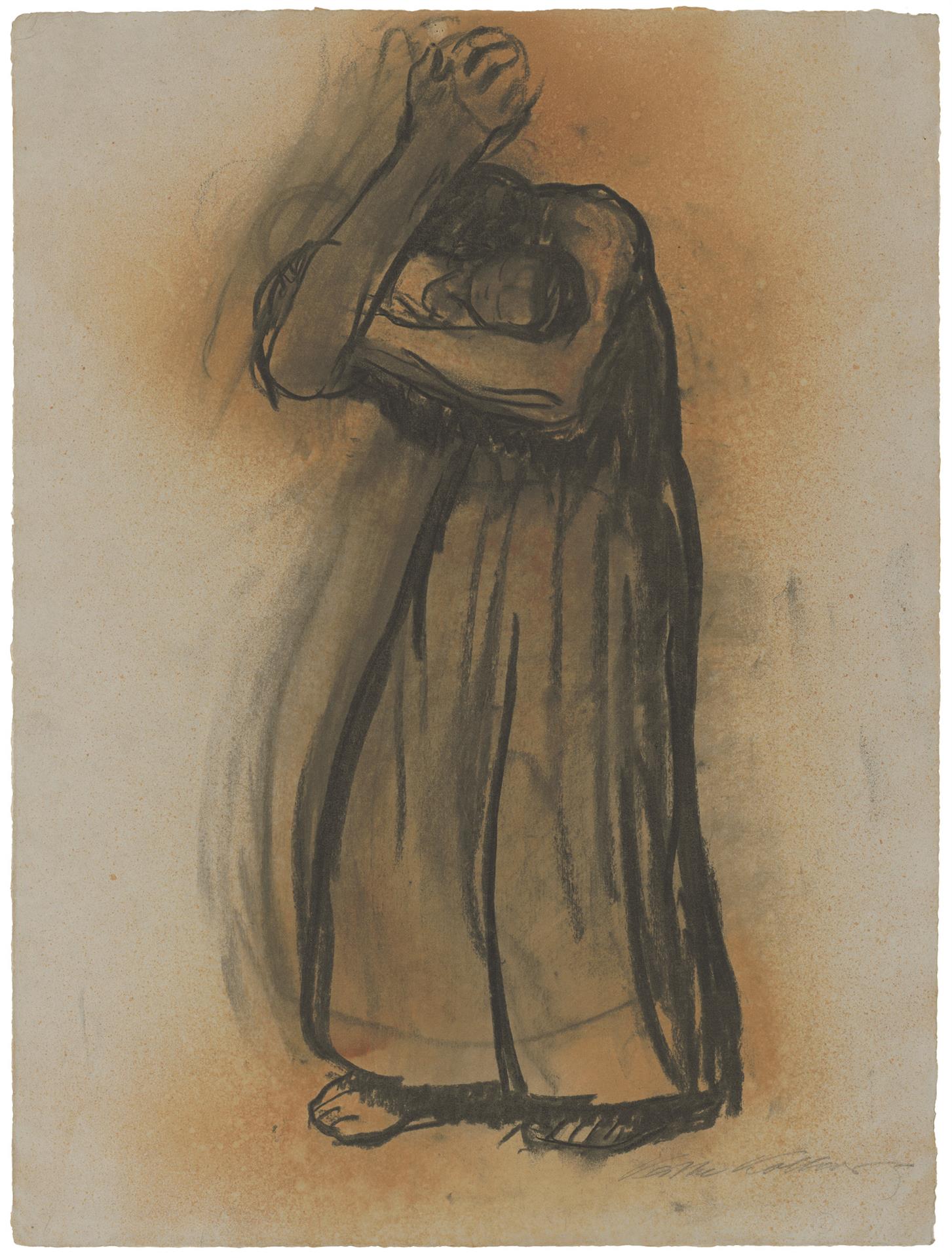 Käthe Kollwitz, Stehende Mutter, Säugling ans Gesicht drückend, 1915, Kohle auf grauem Tonpapier, mit Schellack fixiert, NT 722