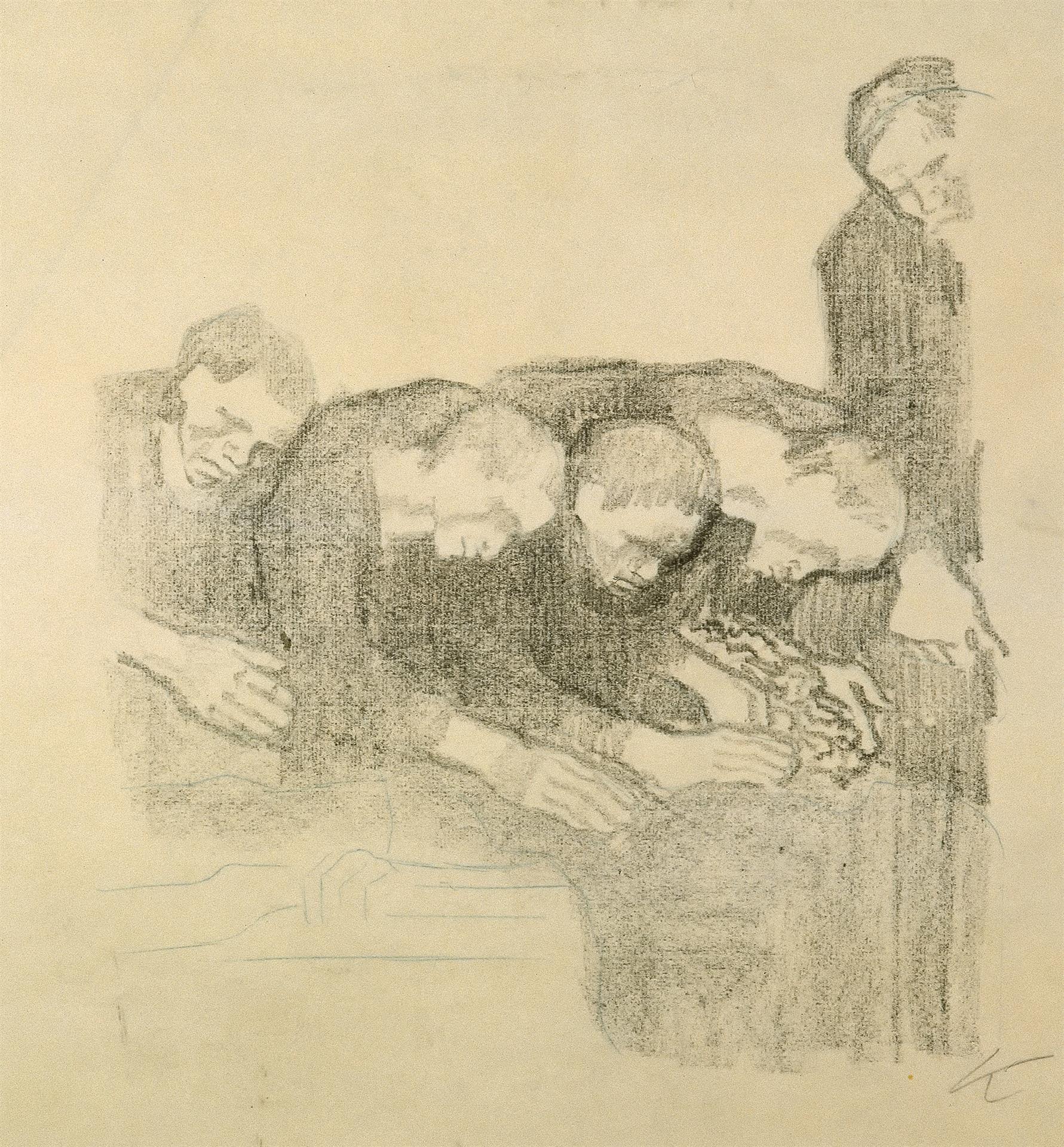 Käthe Kollwitz, Dem Andenken Ludwig Franks, verworfene zweite Fassung, 1914, Kreidelithographie (Umdruck von einer unbekannten Zeichnung auf geripptem Bütten), Kn 131