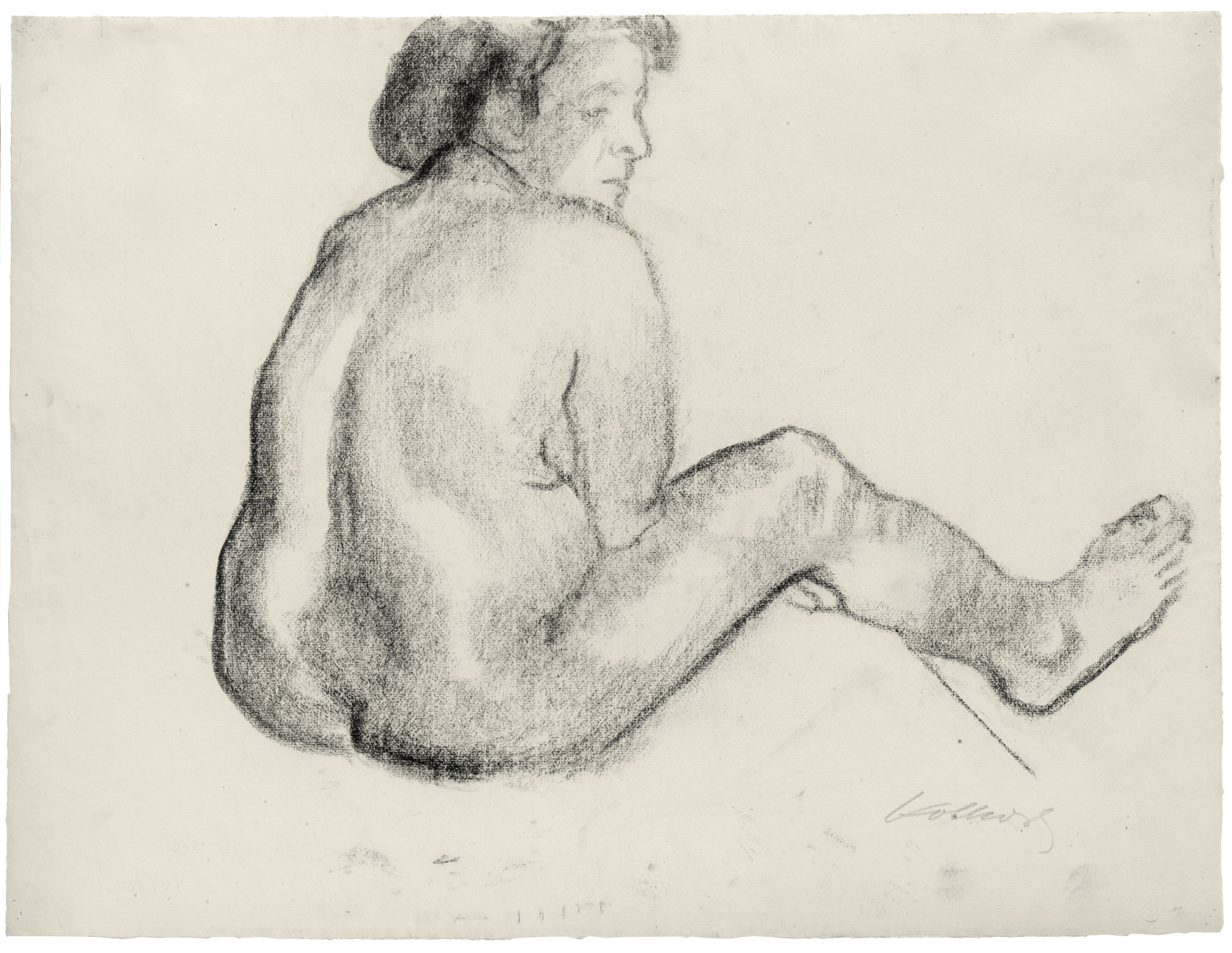 Käthe Kollwitz, Seated female Nude from behind, looking right, 1910-1912, black chalk on yellowish Ingres paper, NT 673, Cologne Kollwitz Collection © Käthe Kollwitz Museum Köln