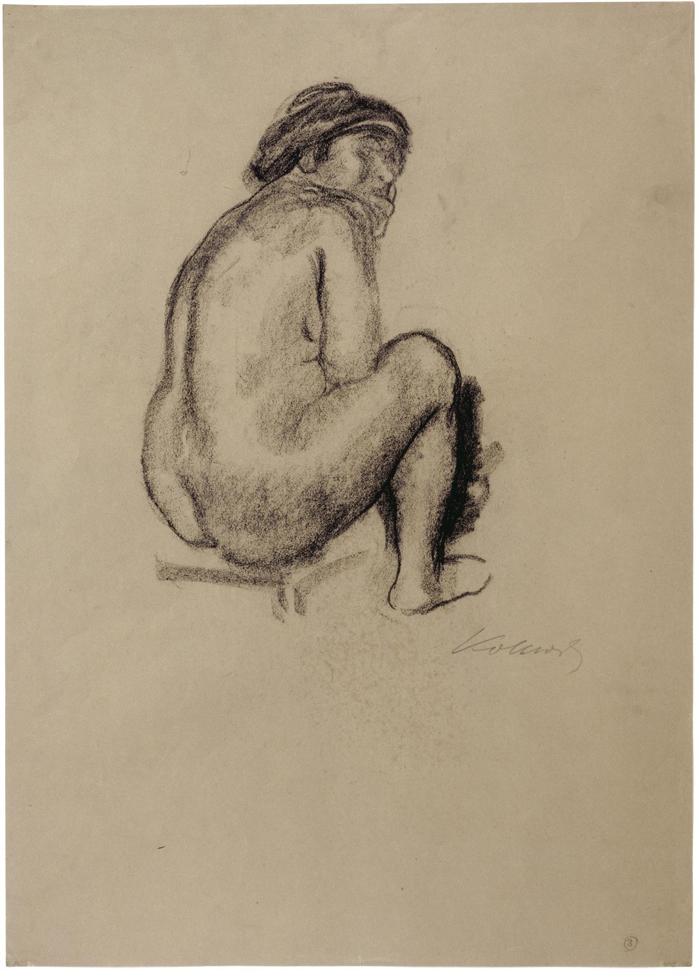 Käthe Kollwitz, Sitzender weiblicher Rückenakt nach rechts, um 1910-1912, Kohle auf braunem Papier, NT 674