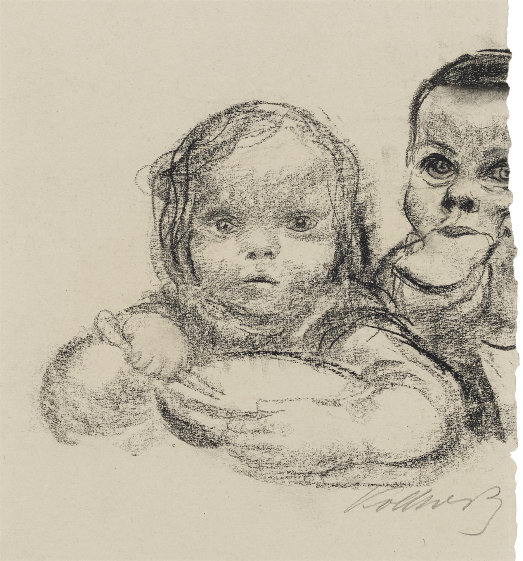 Käthe Kollwitz, Zwei Kinder beim Essen, um 1927/28, Kreide und Kohlezeichnung auf kartonstarkem Velin, NT (1149a)