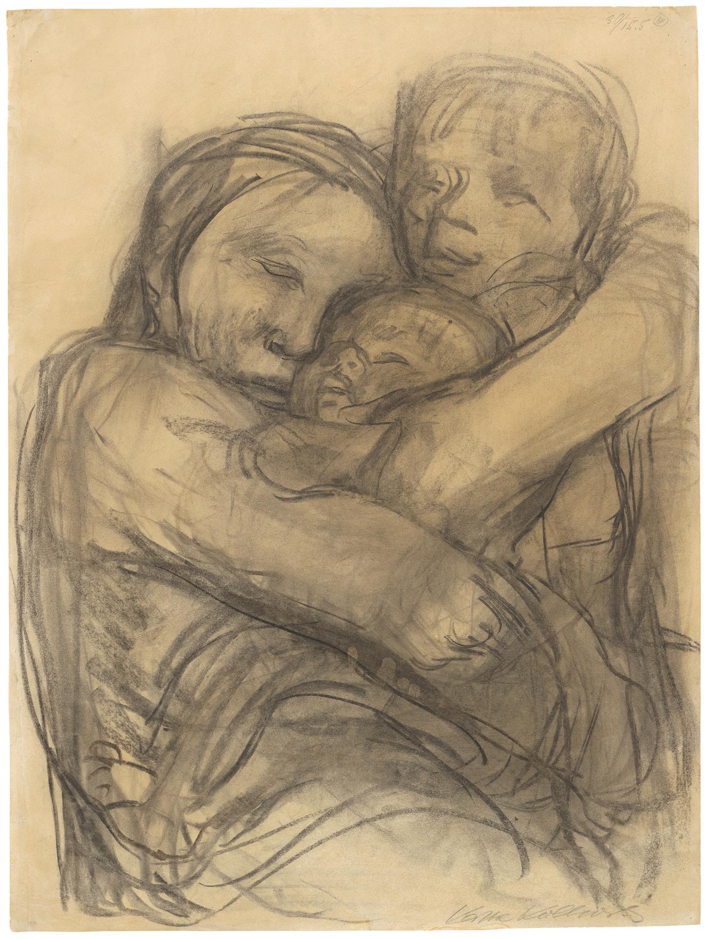 Käthe Kollwitz, Mother, clutching two Children, 1932, charcoal , NT 1232 