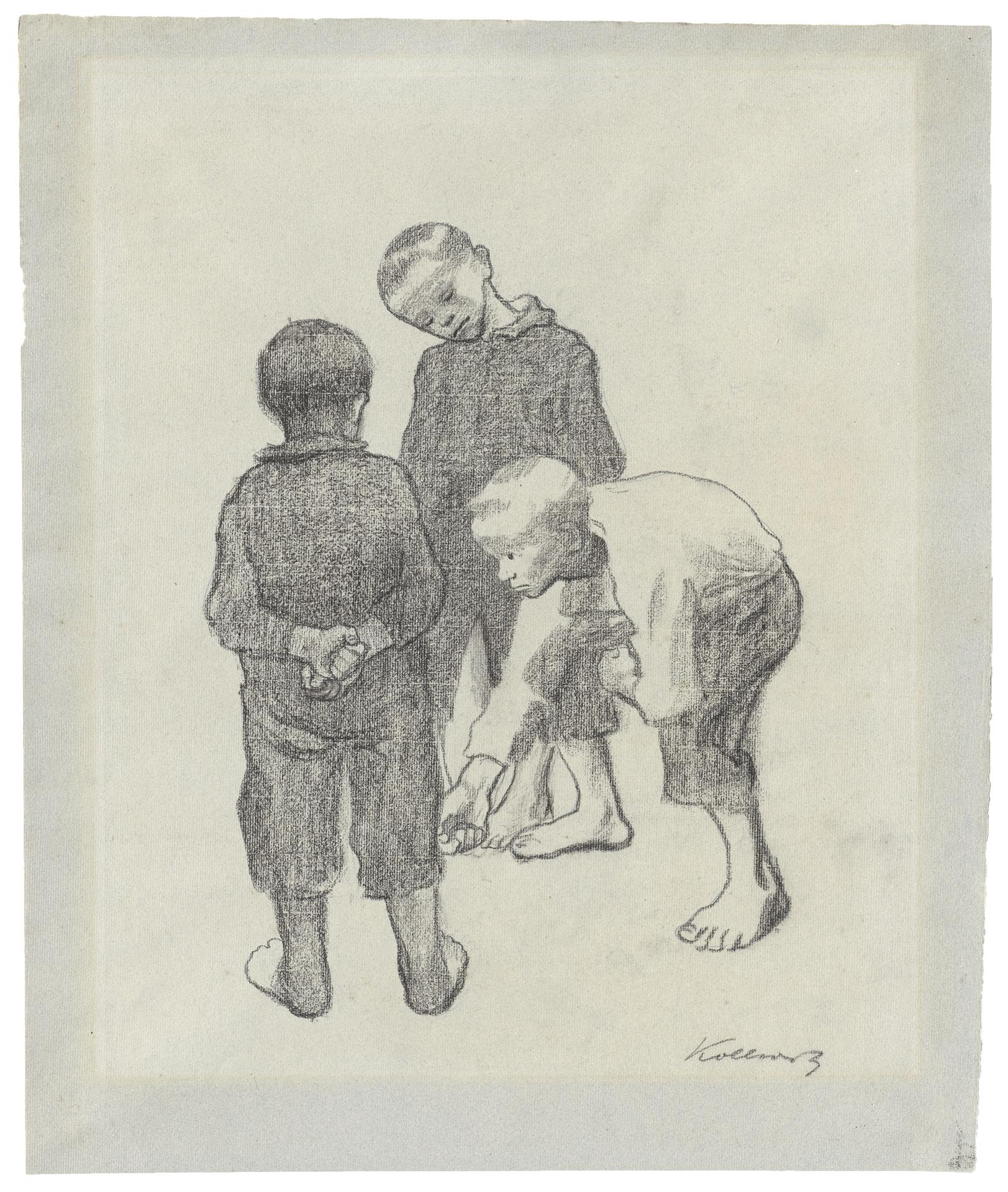 Käthe Kollwitz, Three Boys playing Marbles, c 1909/1910, black chalk on Dutch laid paper, NT 581