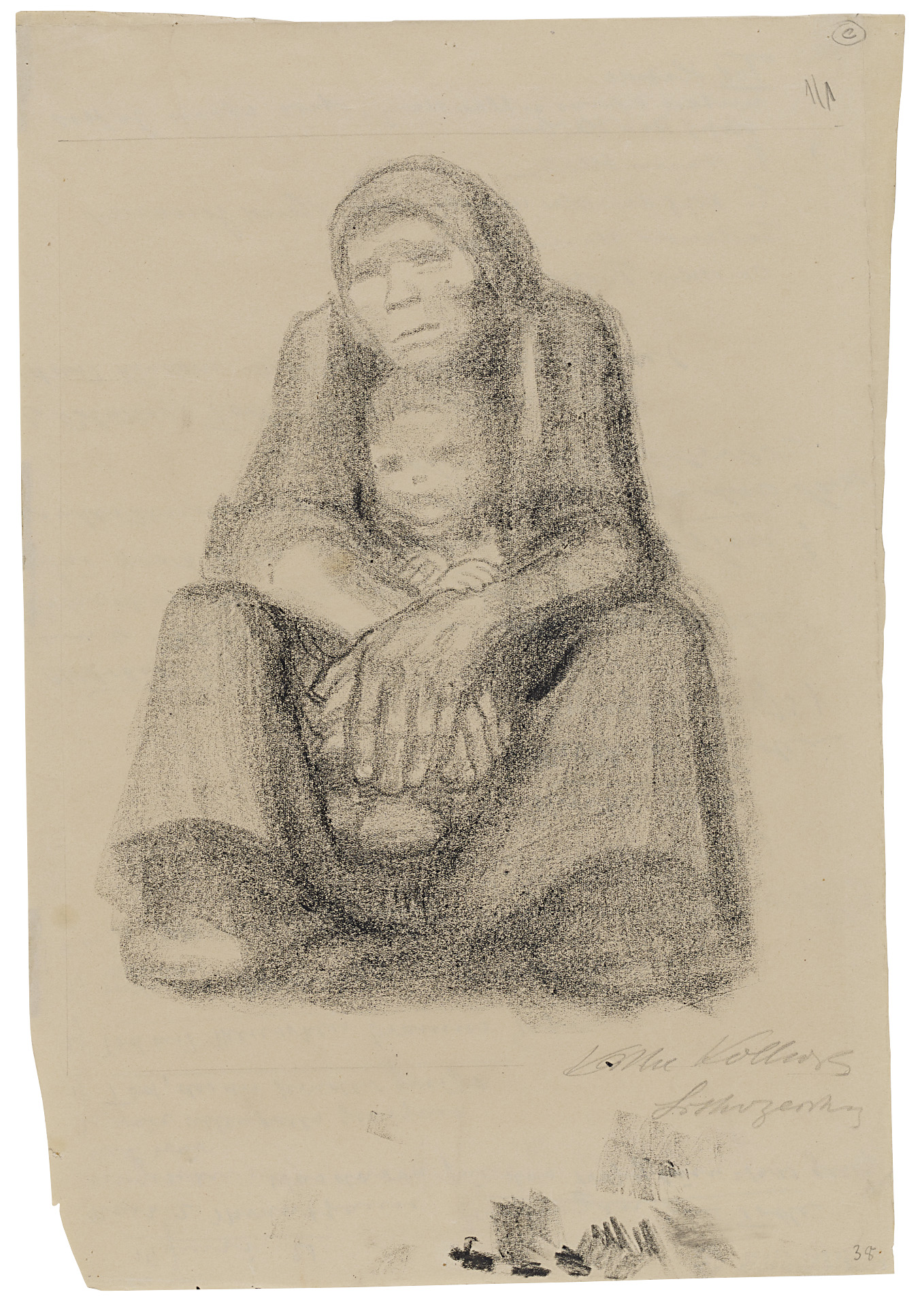 Käthe Kollwitz, Sitzende Frau mit Kind im Schoß, 1921, Lithozeichnung auf bräunlichem Papier, NT 925