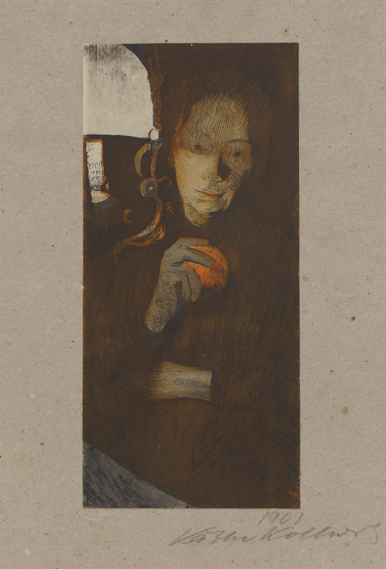 Käthe Kollwitz, Woman with Orange, 1901, brush lithograph with colouring stone in orange, etching (aquatint, reservage and drypoint) slightly edited with charcoal, cream-coloured paper laid on grey, blotter-like paper, Kn 56 II 2, Cologne Kollwitz Collection © Käthe Kollwitz Museum Köln