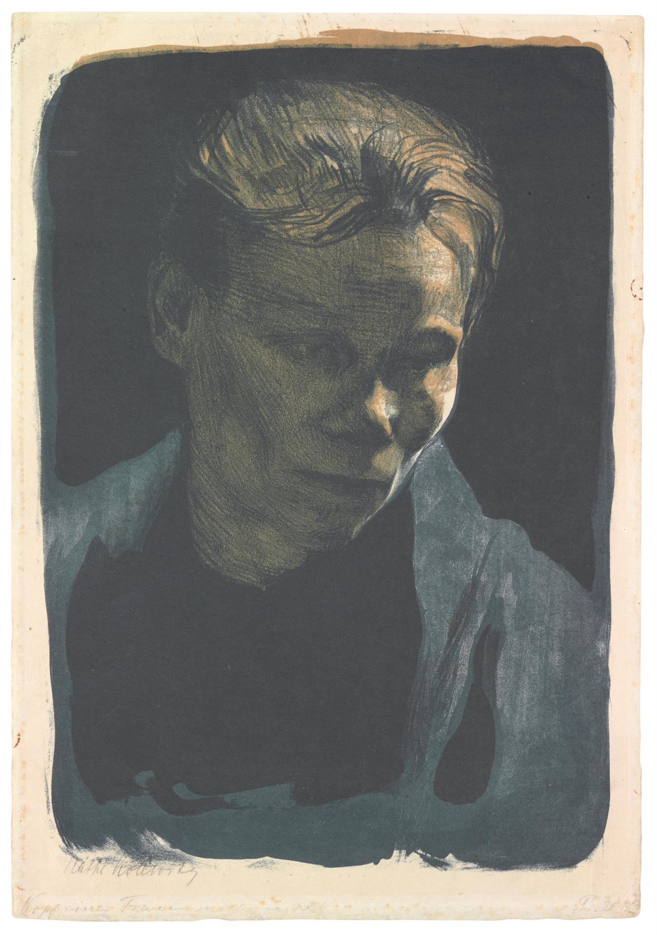 Käthe Kollwitz, Bust of a Worker Woman with Blue Shawl, 1903, crayon and brush lithograph in two colors, with scratch technique in the drawing stone, printed blue, Kn 75 A I 1, Cologne Kollwitz Collection © Käthe Kollwitz Museum Köln