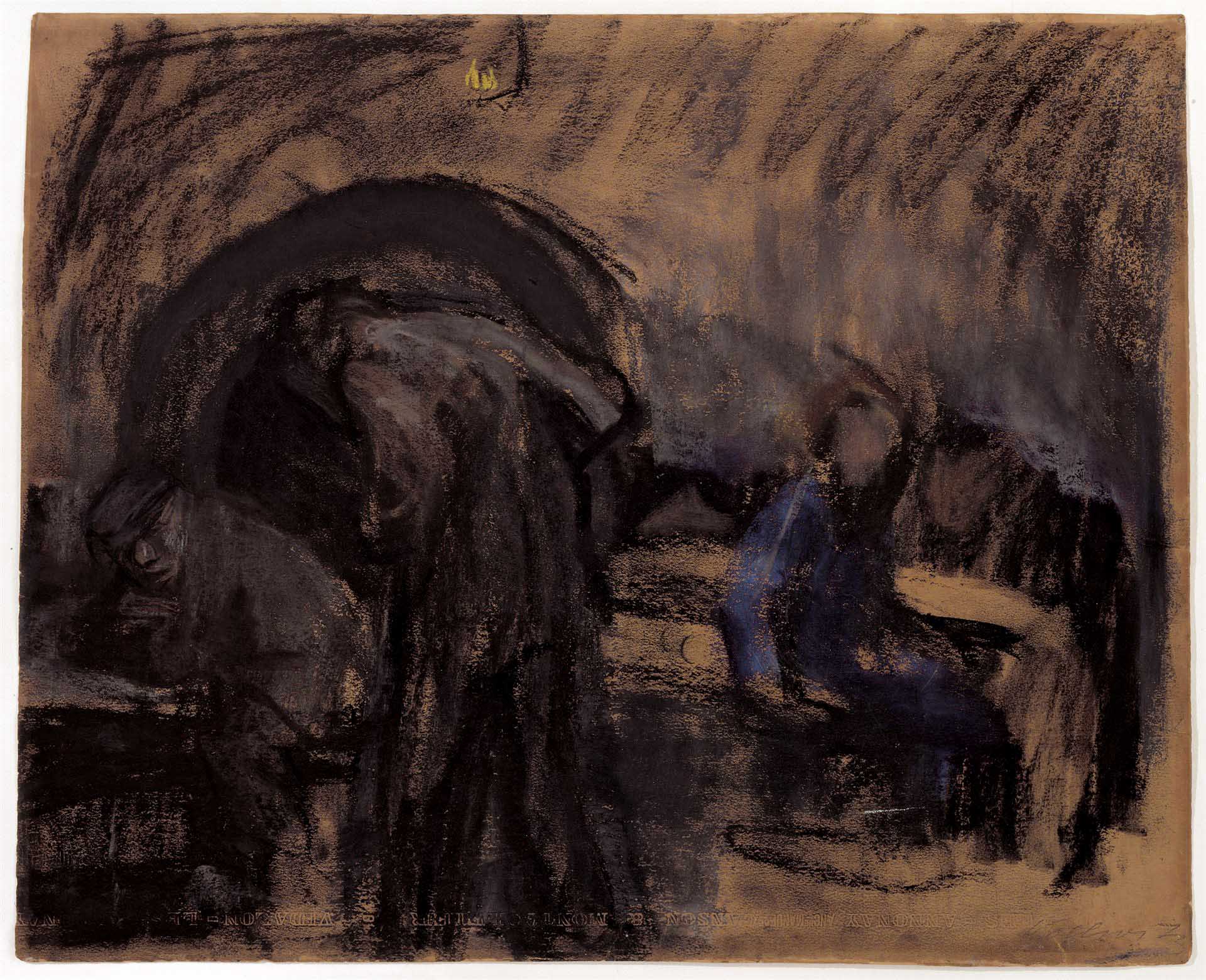 Käthe Kollwitz, Cave à vin parisienne, 1904, pastels sur papier Canson ocre, NT (277a), Collection Kollwitz de Cologne © Käthe Kollwitz Museum Köln