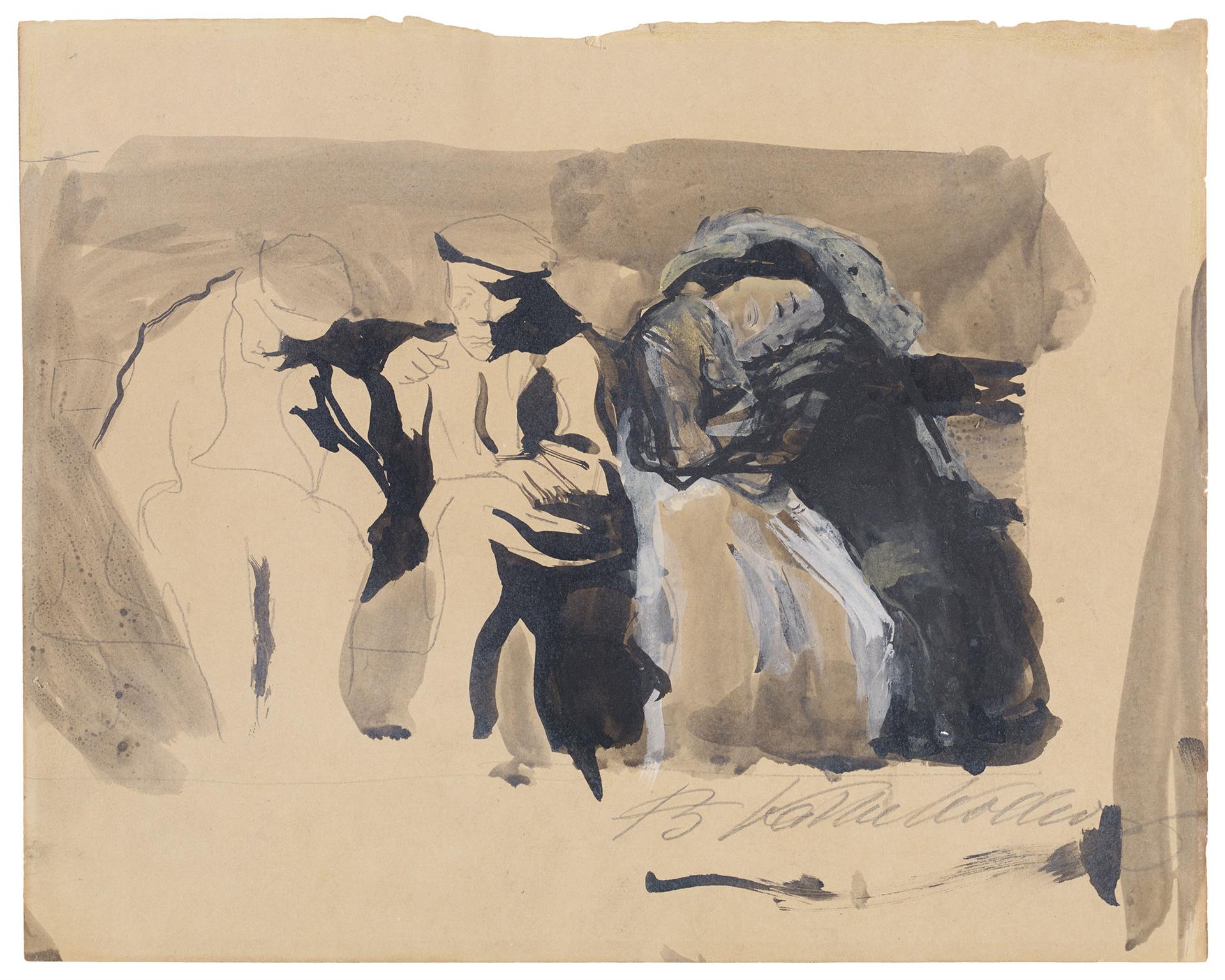 Käthe Kollwitz, Two Men and a Pair of Lovers on a Bench, 1904, graphite and ink, white highlights on cream-coloured paper, NT (287a), Cologne Kollwitz Collection © Käthe Kollwitz Museum Köln
