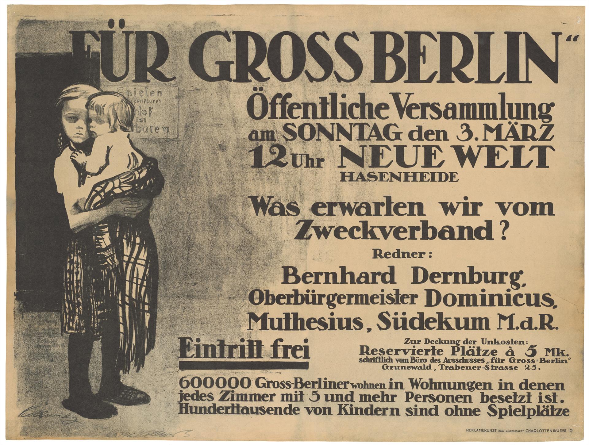 Käthe Kollwitz, Plakat »Für Groß Berlin«, 1912, Kreide- und Pinsellithographie (Umdruck), Kn 122 I