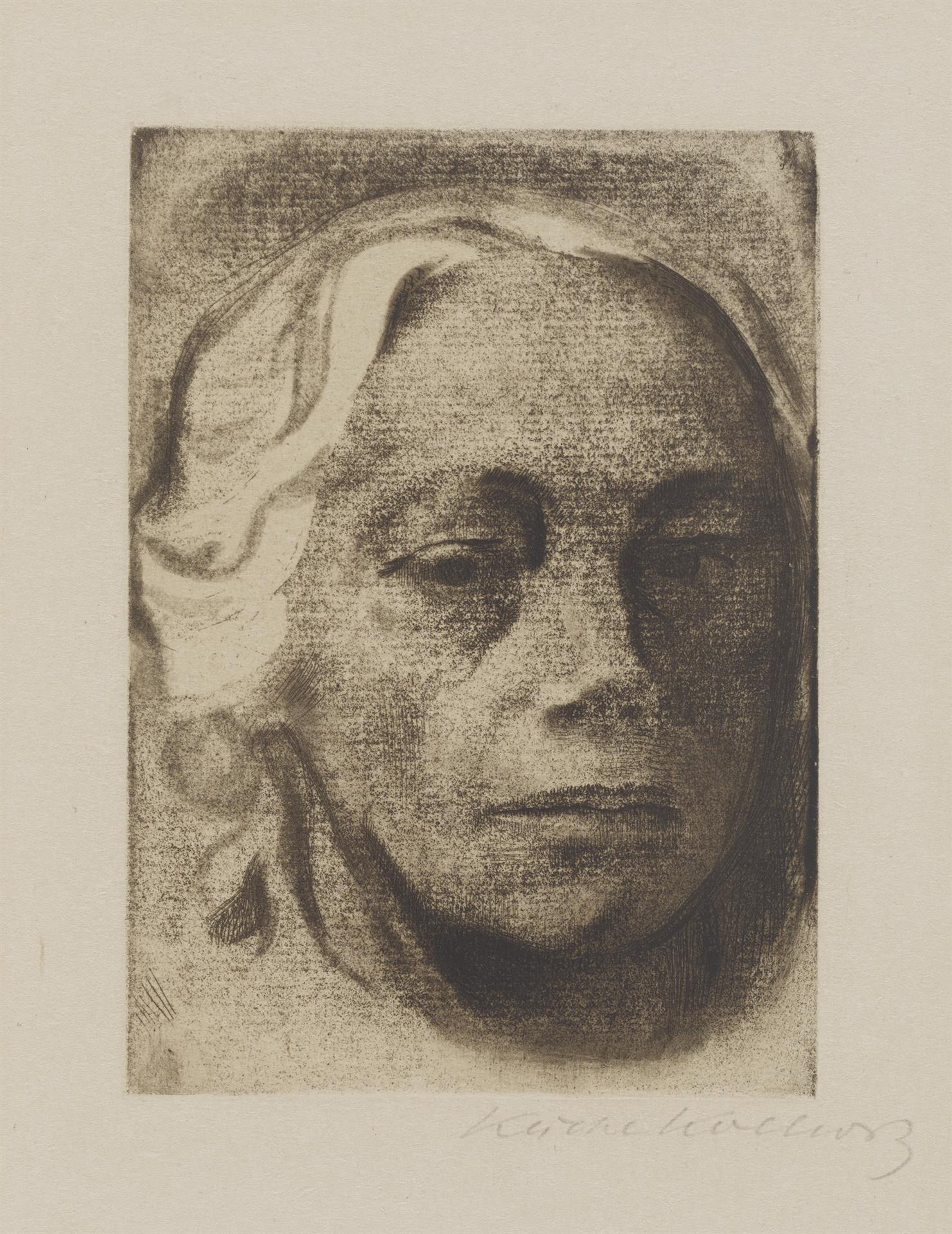 Käthe Kollwitz, Self-portrait, 1912, line etching, drypoint and soft ground with the imprint of laid paper and Ziegler’s transfer paper, Kn 126 VII a, Cologne Kollwitz Collection © Käthe Kollwitz Museum Köln