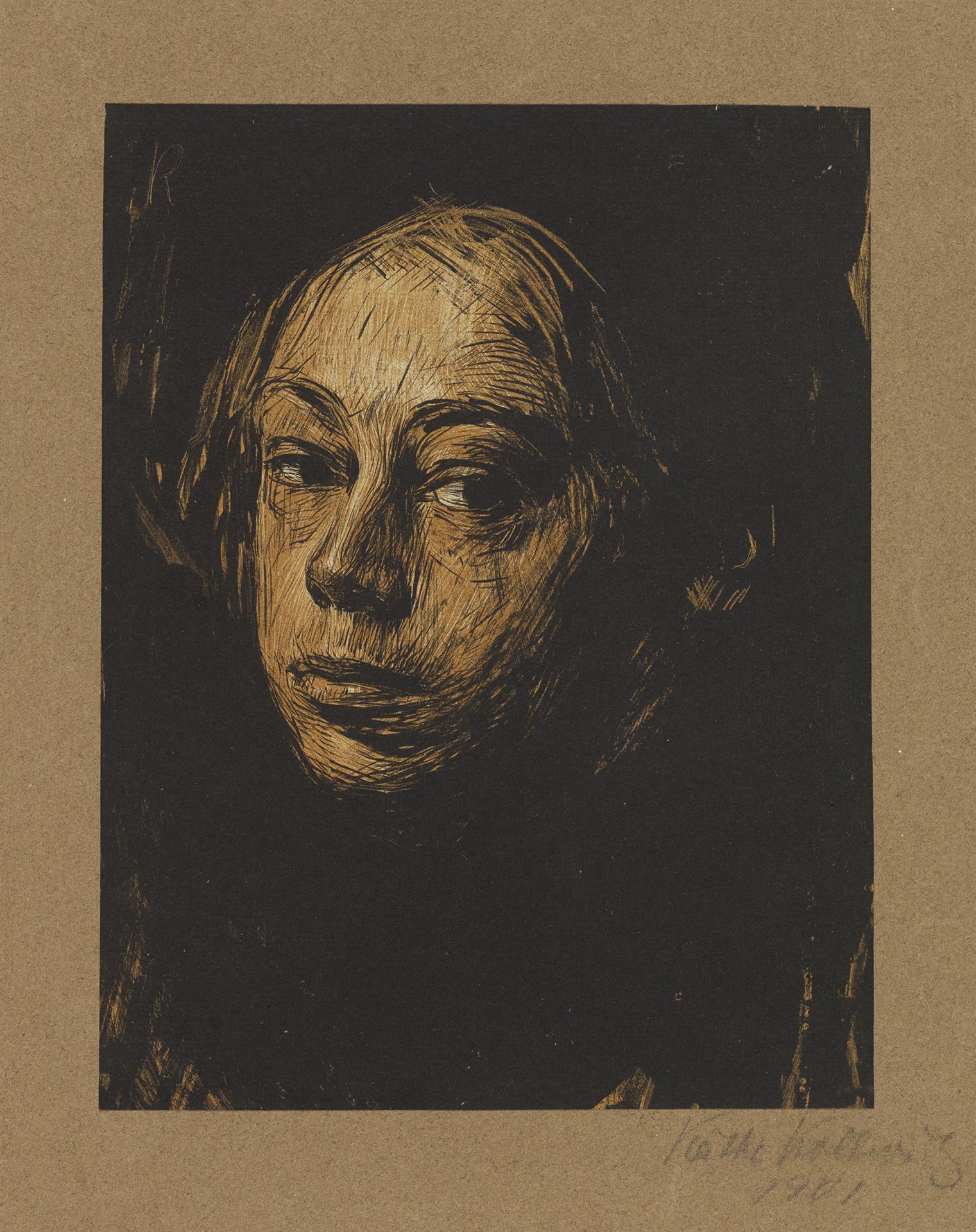 Käthe Kollwitz, Autoportrait de trois-quart gauche, 1901, lithographie au pinceau et à la plume en deux couleurs, grattoirs, Kn 52 I