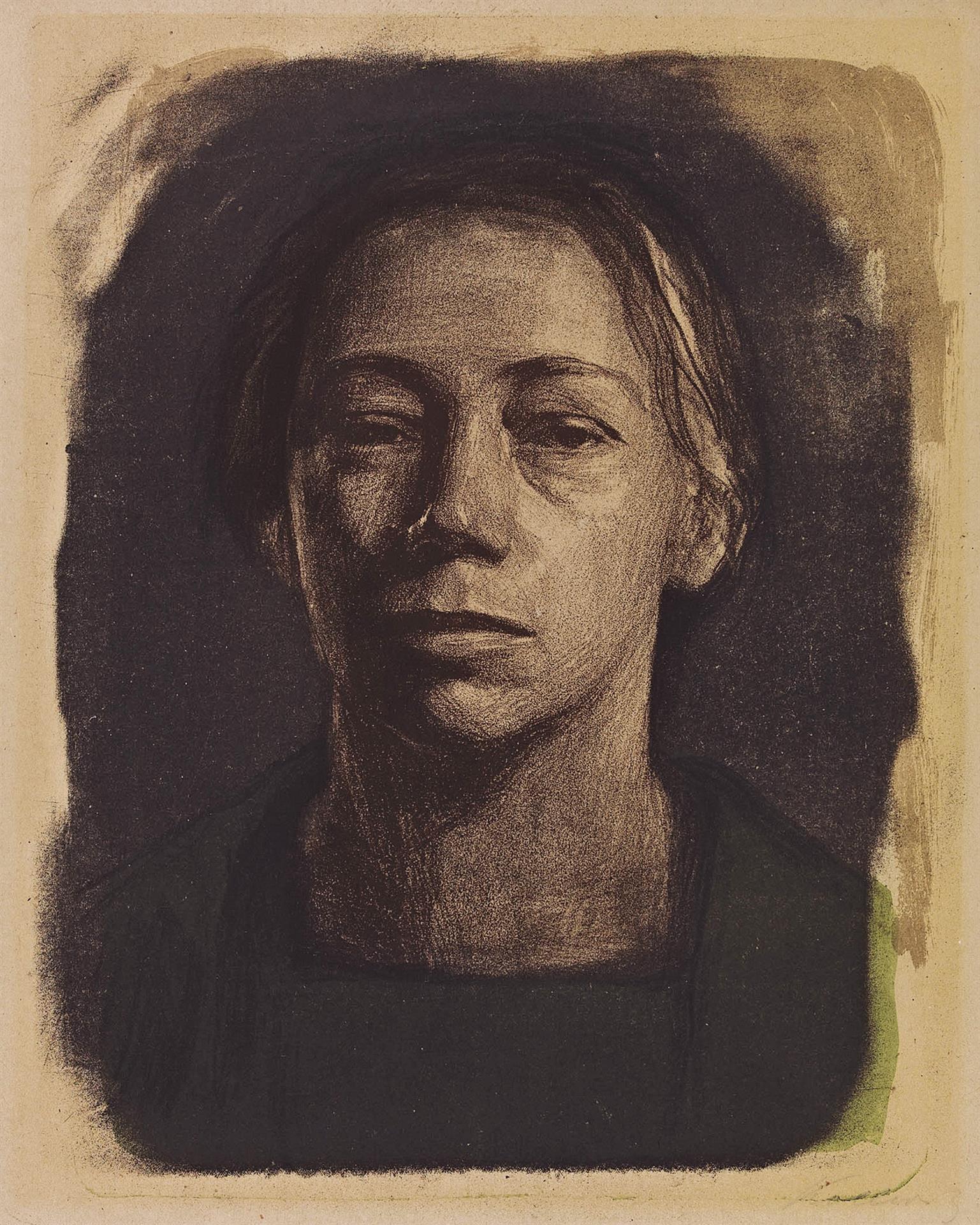 Käthe Kollwitz, Autoportrait de face, 1904, lithographie au crayon et au pinceau en trois couleurs et technique au crachis, Kn 85 II A
