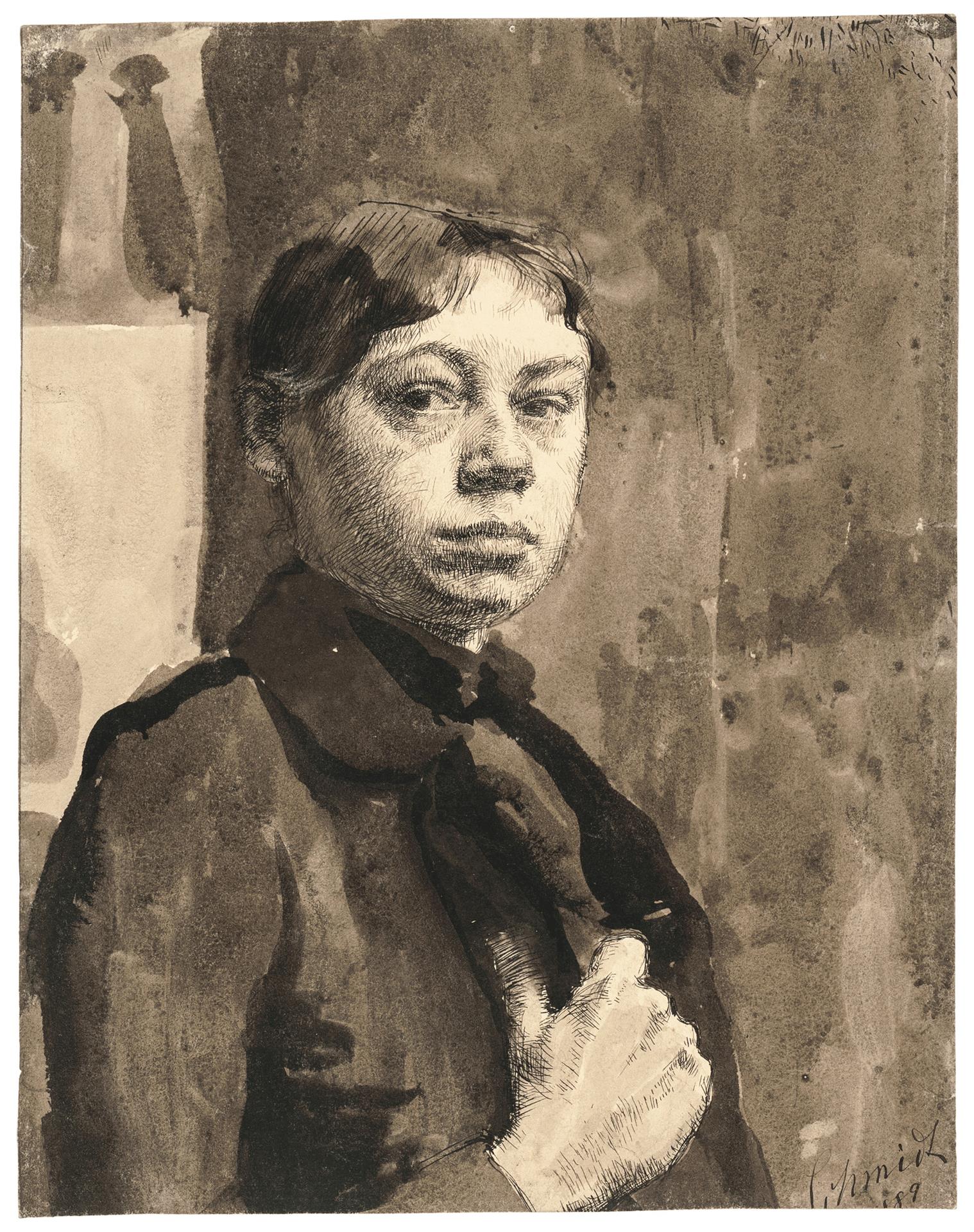 Käthe Kollwitz, Selbstbildnis, 1889, Feder in schwarzer Tusche und Pinsel in Sepia auf Zeichenkarton, NT 12