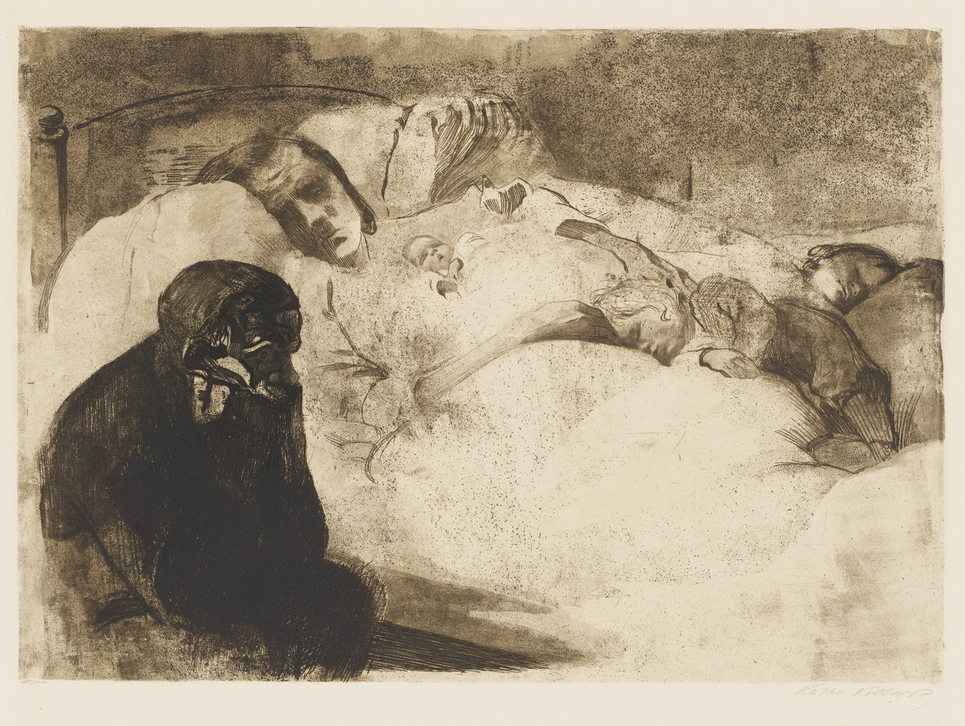 Käthe Kollwitz, Unemployment, 1909, line etching, drypoint, aquatint, sandpaper and soft ground with imprint of Ziegler's transfer paper, Kn 104 VI d, Cologne Kollwitz Collection © Käthe Kollwitz Museum Köln